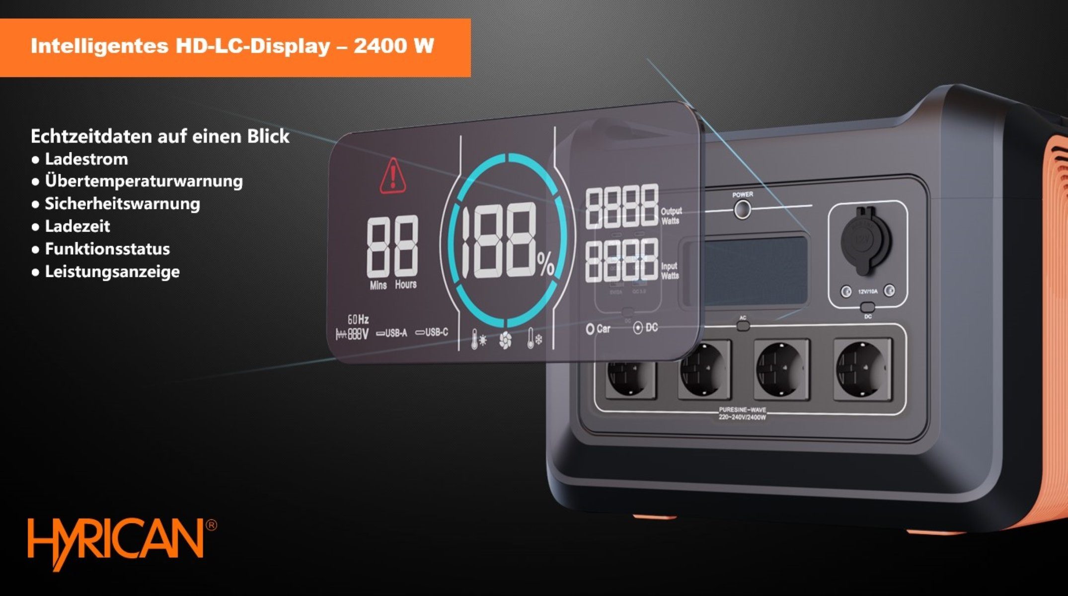 Powerstation UPP-2400, Wh, Watt, Stromversorgung Akku/Batterie LiFePO4, für 2232 mobiles Ladezentrum tragbarer 697500 mAh, Hyrican Not-& 2400