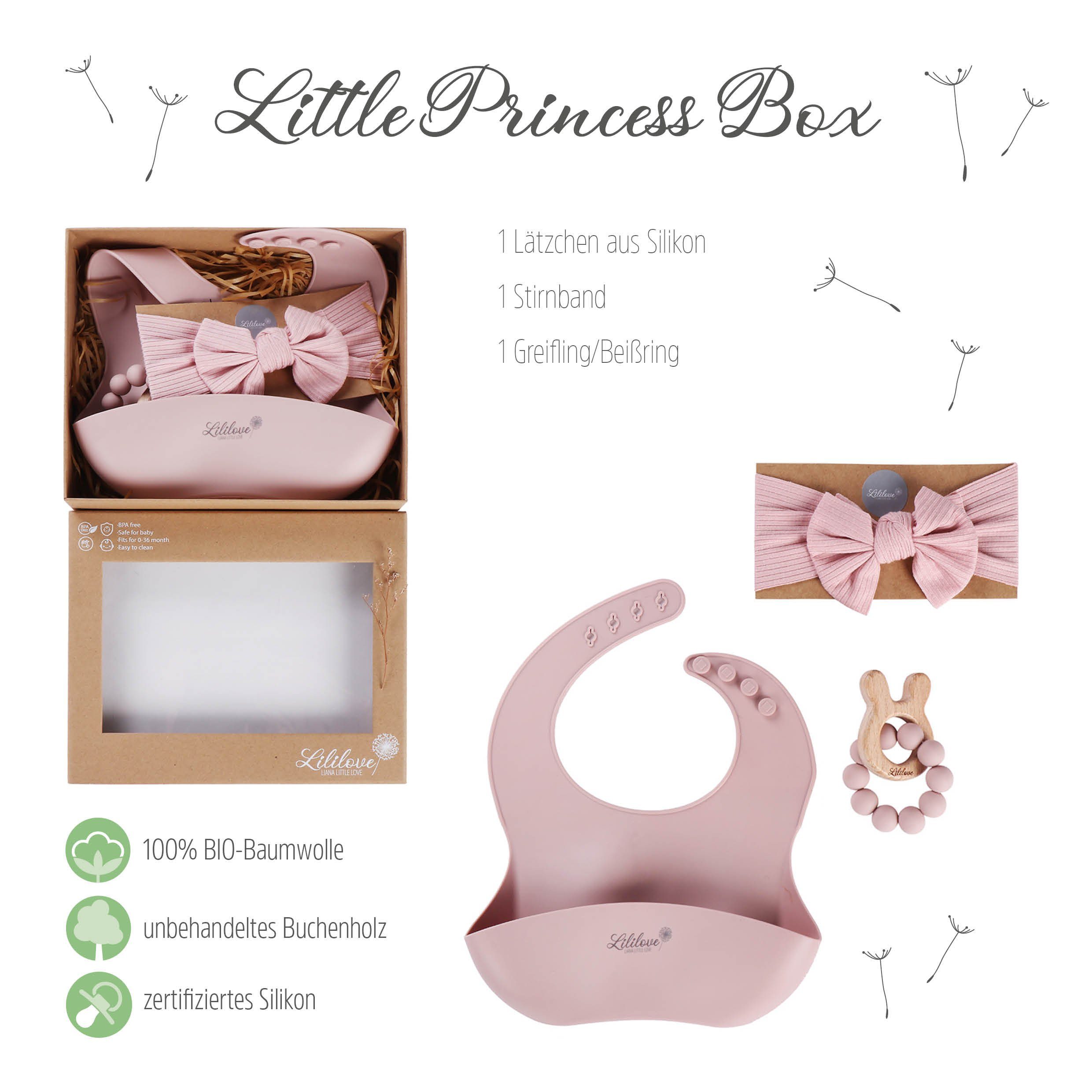 Lililove Geschenkset Neugeborenen-Geschenkset Little Princess BPA-free, Lätzchen: Greif/Beißring: rosé 100% 6x6cm, 7x17cm) Qualitäten geprüfte 30cm, Stirnband: Box, 22,3x (Geschenkset, 3-teilig