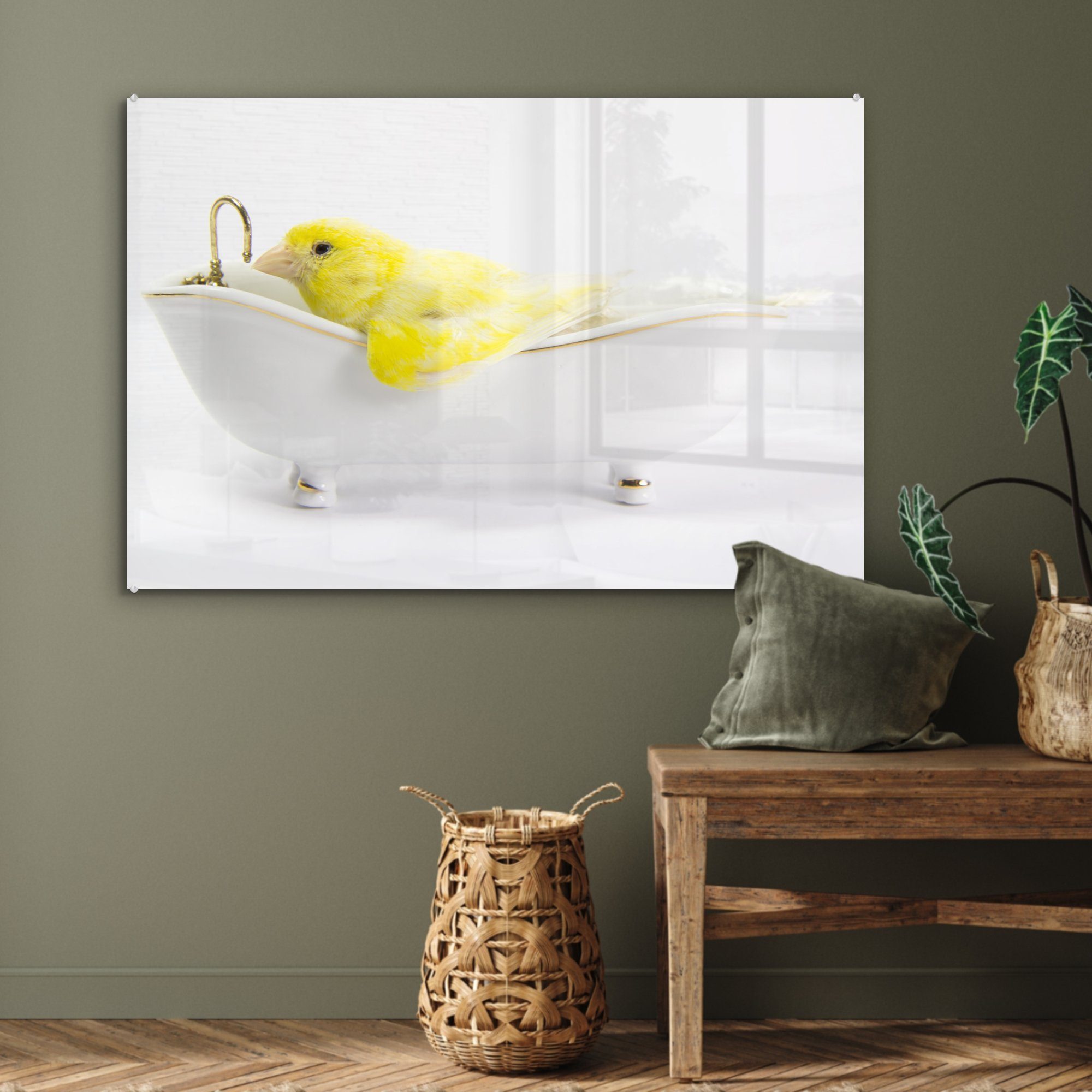weißen in Wohnzimmer MuchoWow (1 einer Schlafzimmer Acrylglasbilder Acrylglasbild Gelber St), & Kanarienvogel Badewanne,