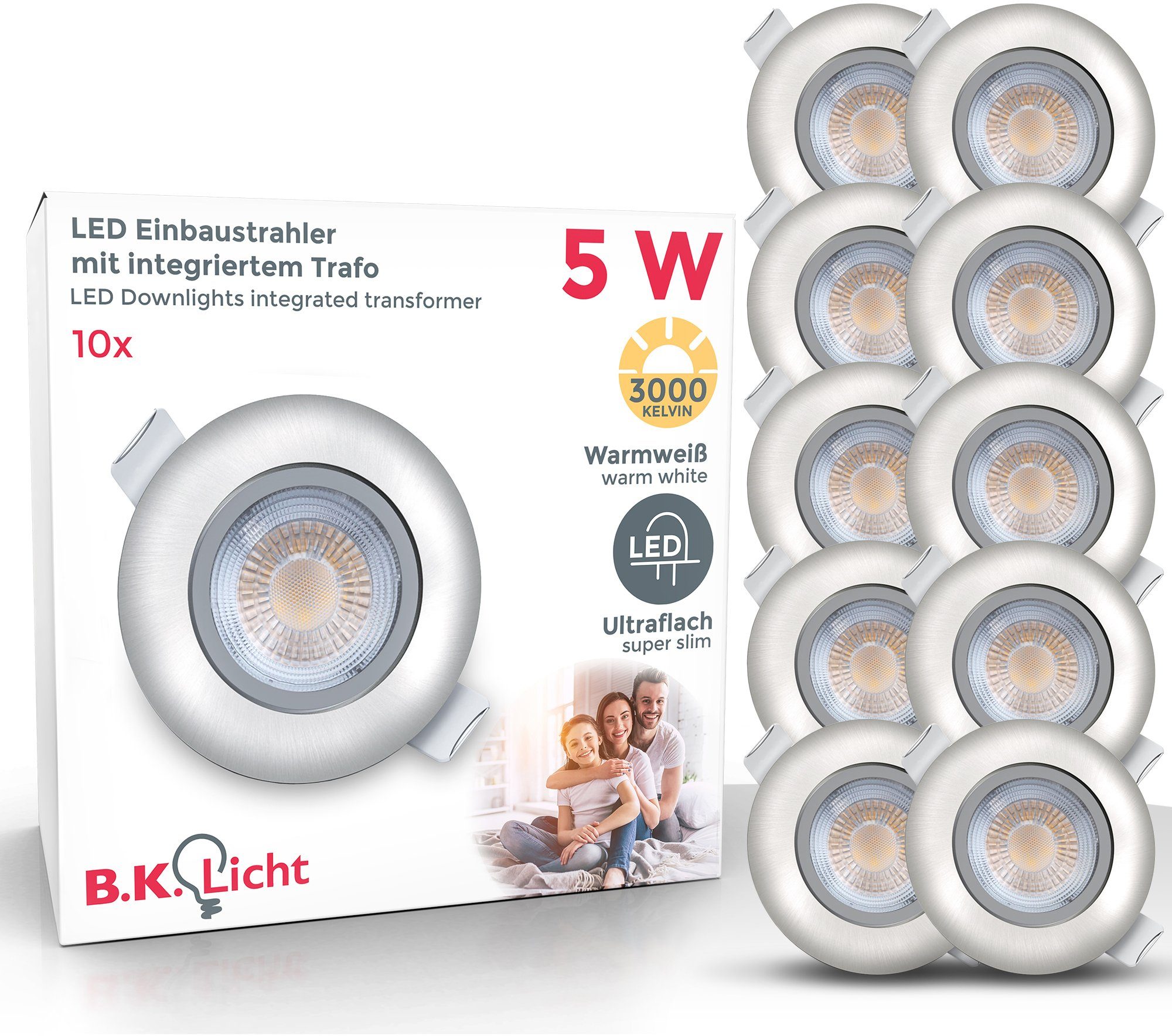 B.K.Licht LED Einbauleuchte Volantis, LED fest integriert, Warmweiß, LED  Einbaustrahler Spots Einbauspots Deckenleuchten inkl.5W 450lm SET