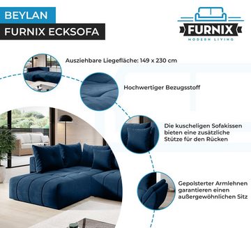 Furnix Ecksofa BEYLAN Polstercouch Schlafsofa in L-Form mit Bettkasten und Kissen, 266 x 190 x 71/91 cm, pflegeleicht, made in Europe