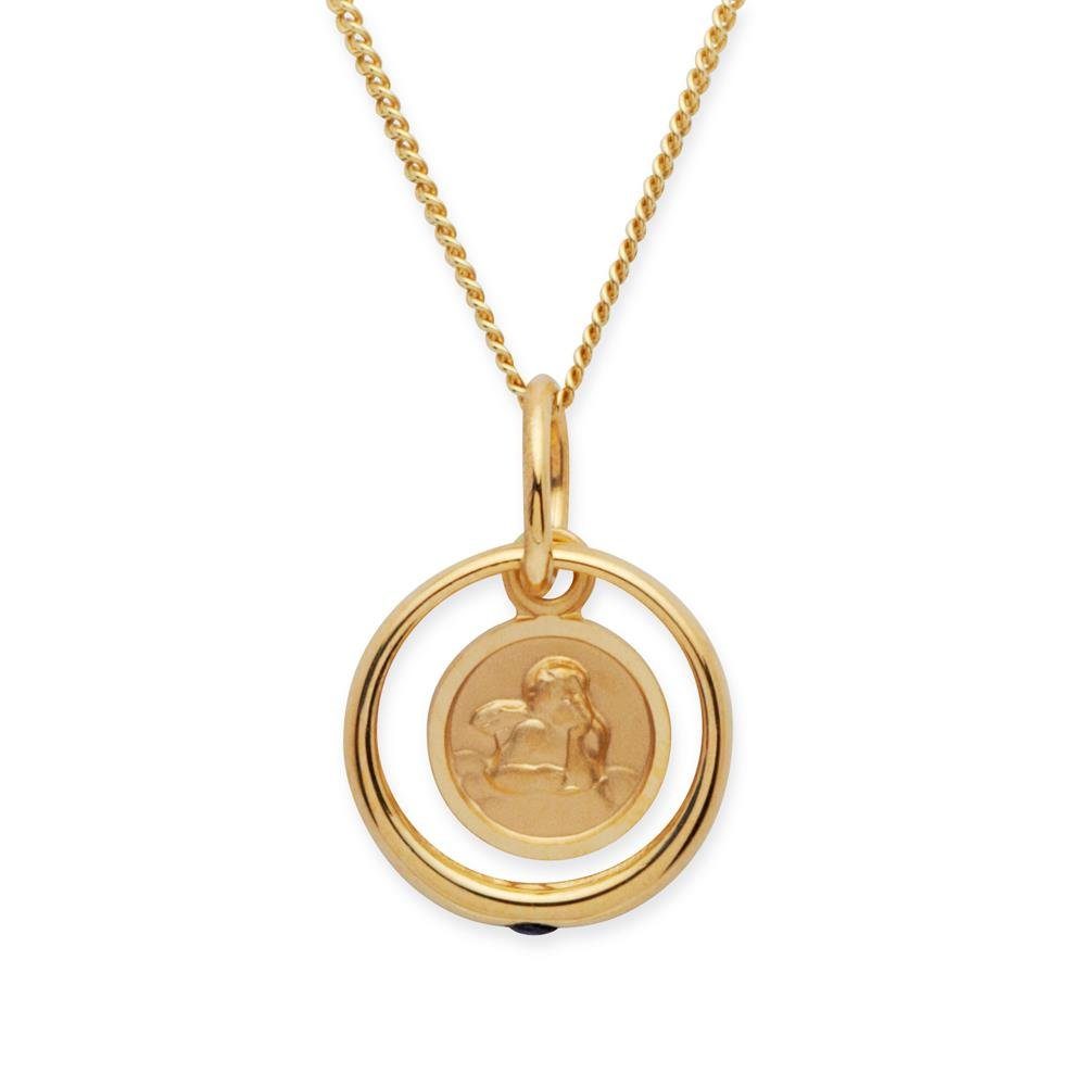 Unique Kettenanhänger Taufring 333er Gelbgold mit blauem Saphir und Schtuzengel KTR0020