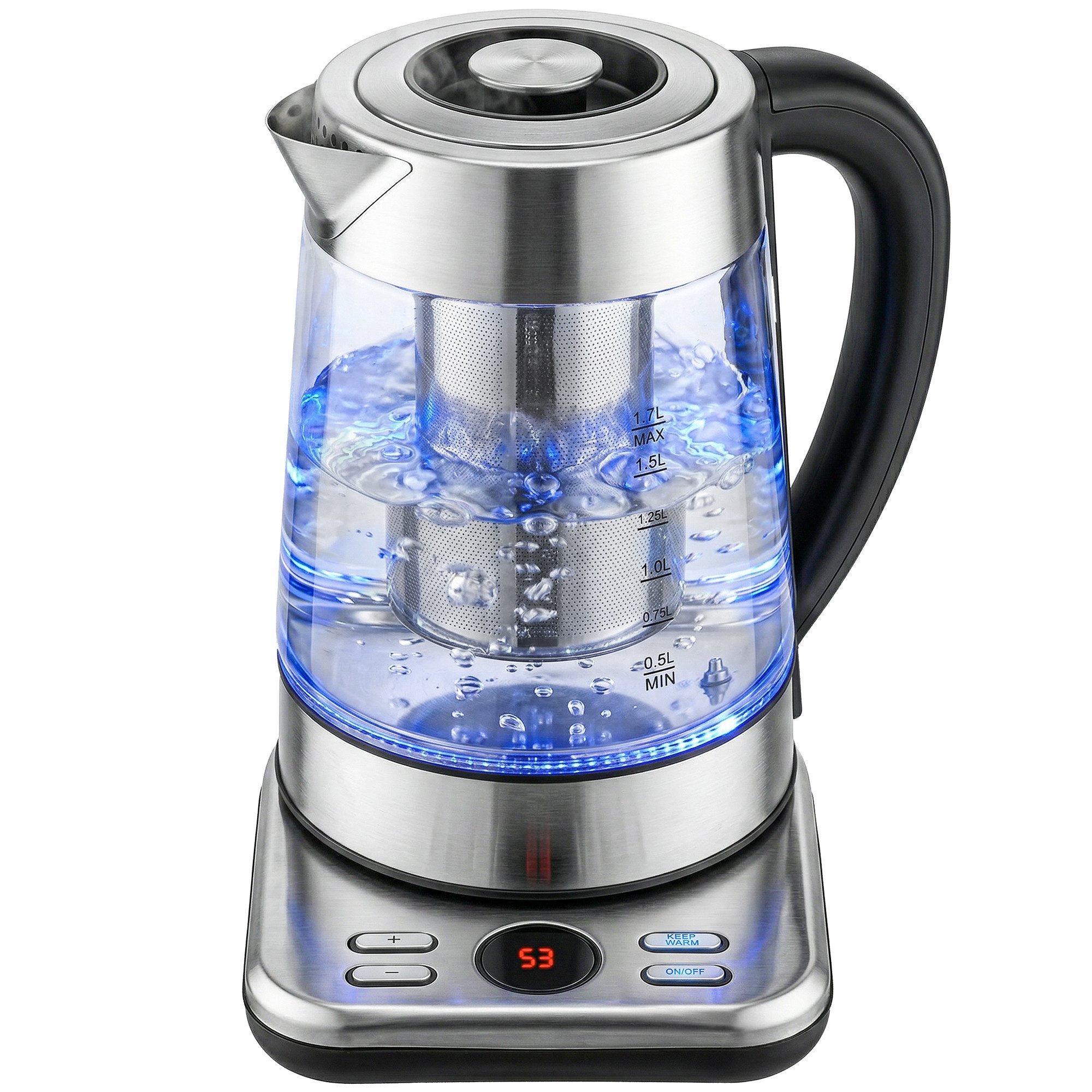 HOMCOM Wasserkocher, 1.7 l, 2200 W, 304 Edelstahl, LCD-Anzeige