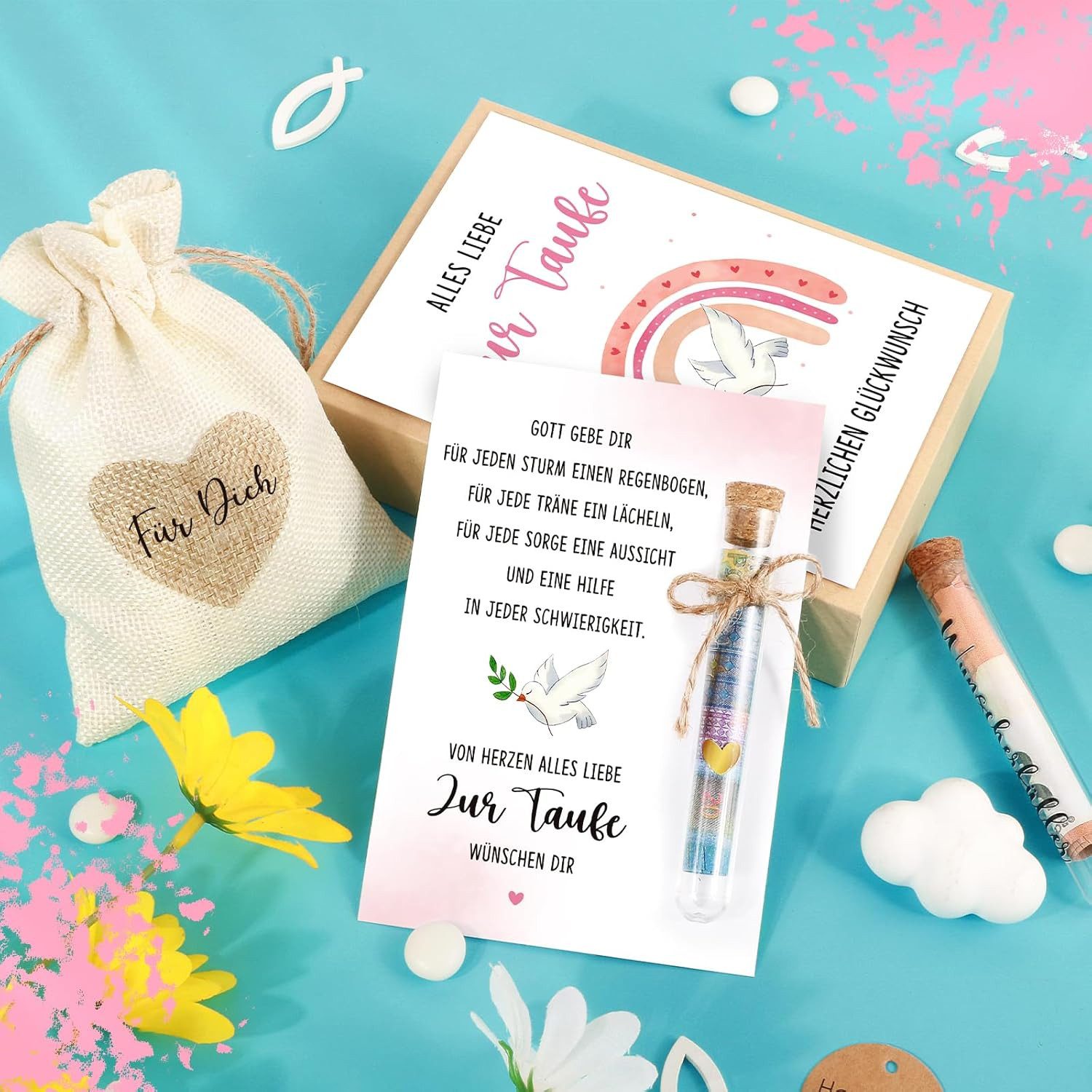 Wiladu Spardose Taufe Geschenkbox Taufgeschenk Reagenzglas Jutesäckchen