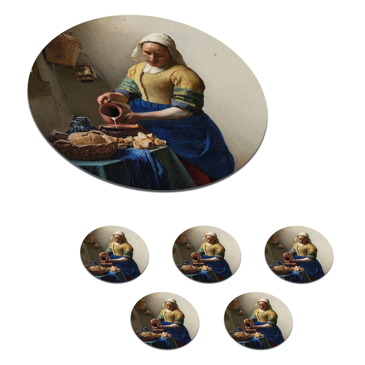 MuchoWow Glasuntersetzer Das Milchmädchen - Gemälde von Johannes Vermeer, Zubehör für Gläser, 6-tlg., Getränkeuntersetzer, Tassenuntersetzer, Korkuntersetzer, Tasse, Becher