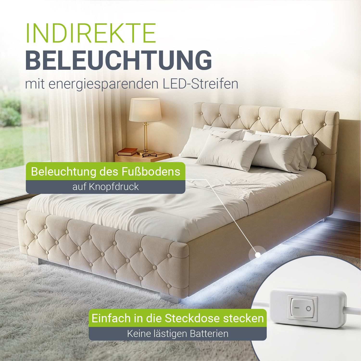 Juskys Polsterbett Nizza, Stauraum, LED Licht, Chesterfield Steppung, Samtbezug