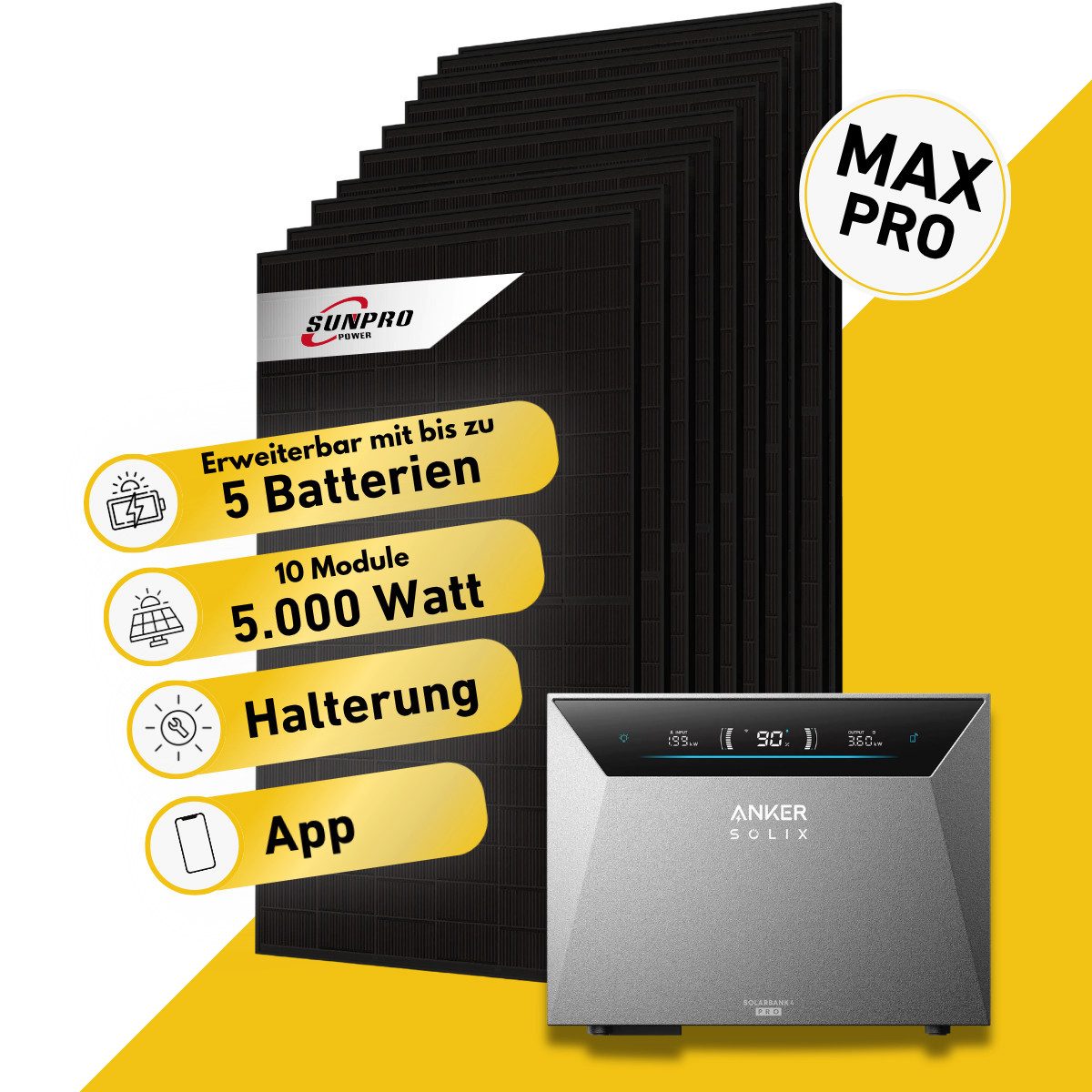 Balkonstrom Balkonkraftwerk 5000W mit Speicher, Anker 4 Pro, Komplettset, Bifazial, 5000 W, Monokristallin, (8x Sunpro Solarmodul á 500 Watt, 1x Anker Solix 4 Pro Solarspeicher E5000, 1-5 Zusatzspeicher BP5000), Halterung für Dach, Fassade, Balkon & Garten, App & Plug&Play DE