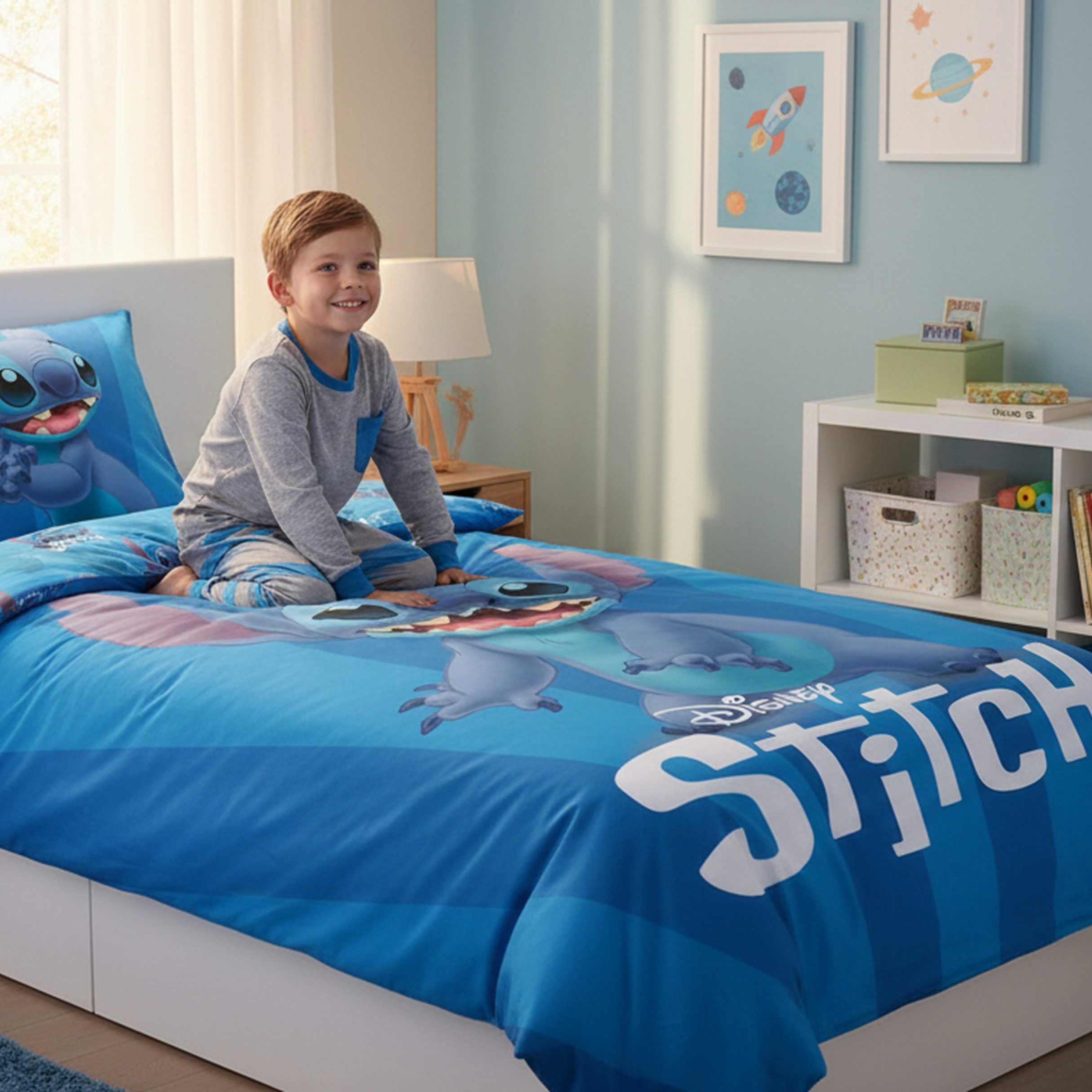 MTOnlinehandel Kinderbettwäsche Disney Lilo & Stitch „Dance“ 135x200 + 80x80 cm in Renforcé, 100% Baumwolle, 2 teilig, Kräftige Blautöne und modernes Stitch Design – weich und pflegeleicht