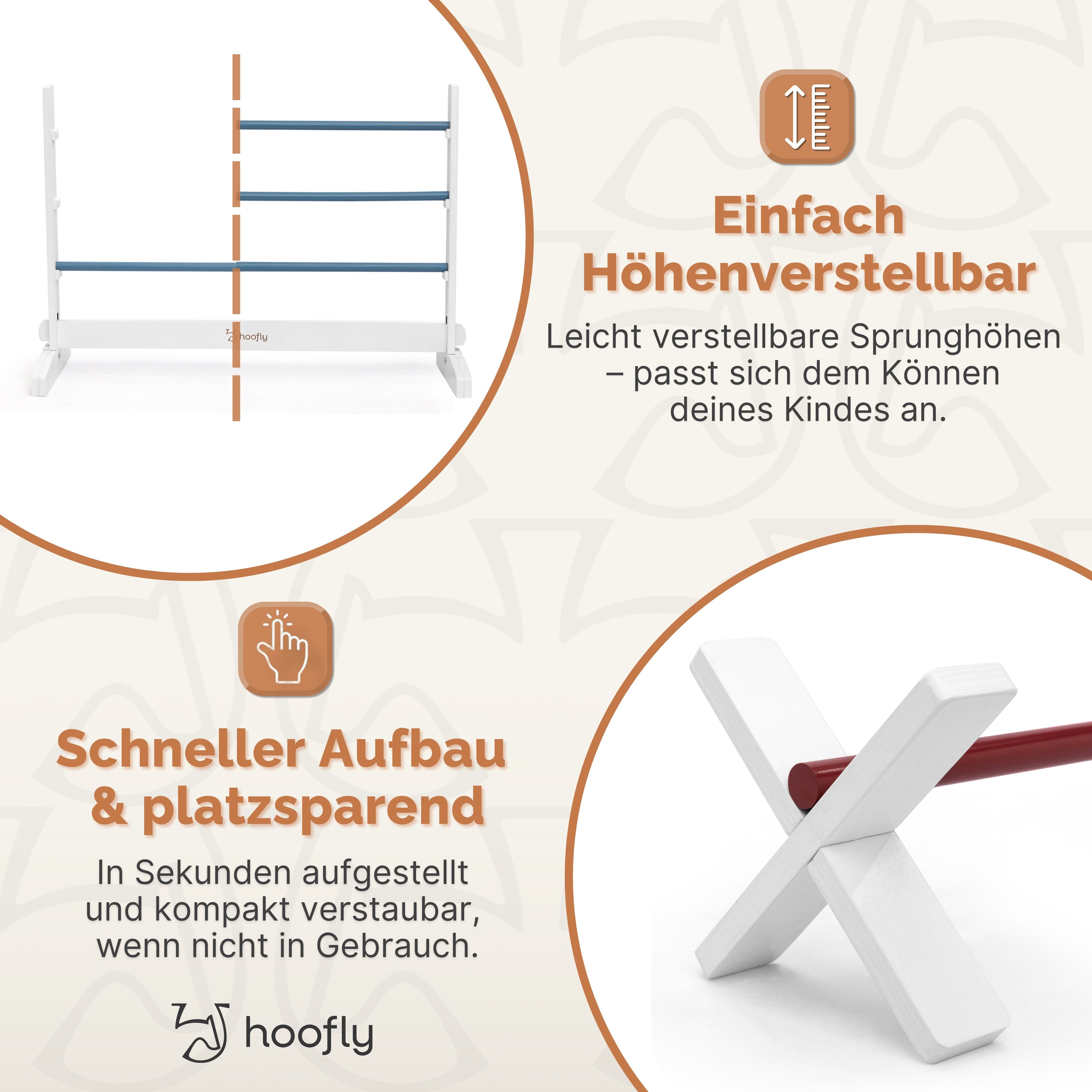 Hoofly Hürde Hobby Horse Hindernis-Set aus Holz (2 Steilsprünge, 1 Cavaletti, Hobby Horse Hindernisse), 3 Hindernisse (2 Steilsprünge, 1 Cavaletti) für Kinder