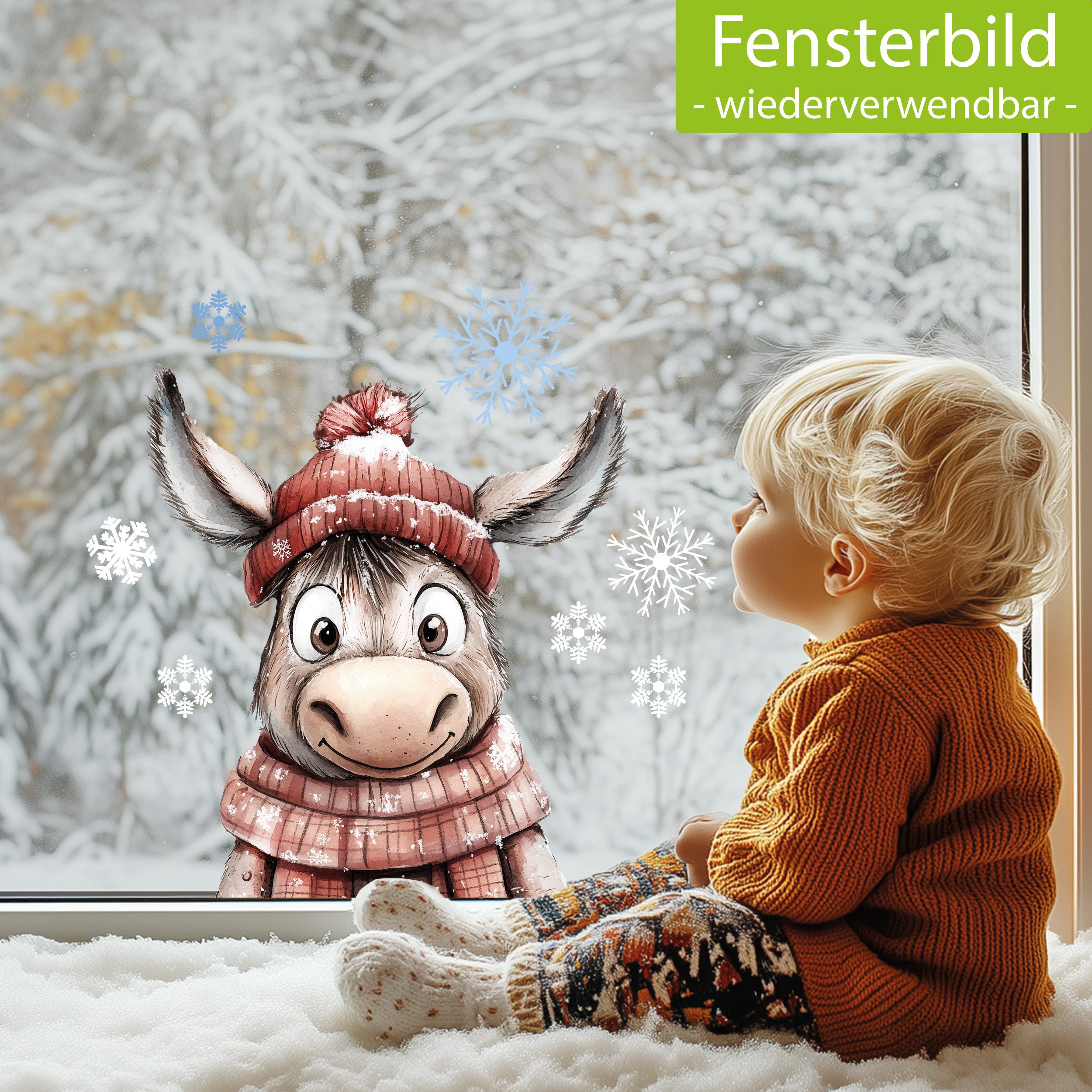 Sunnywall Fensterdekoration Kinderzimmer Fensterbild Winter Esel mit rotem günstig online kaufen