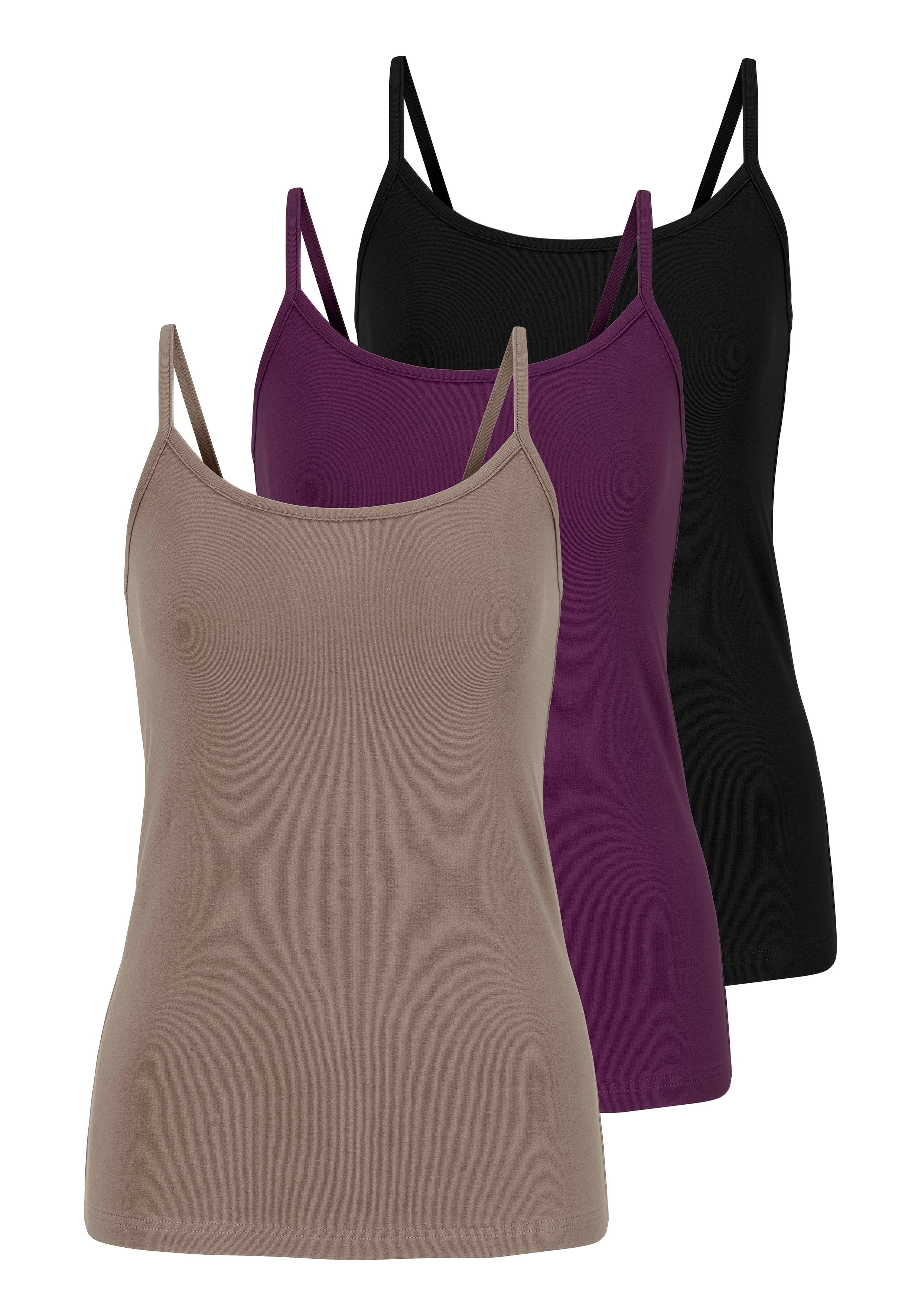 schwarz taupe, (3er-Pack) fleur aubergine, Unterhemd Unterziehshirt petite Spaghettiträger-Top,