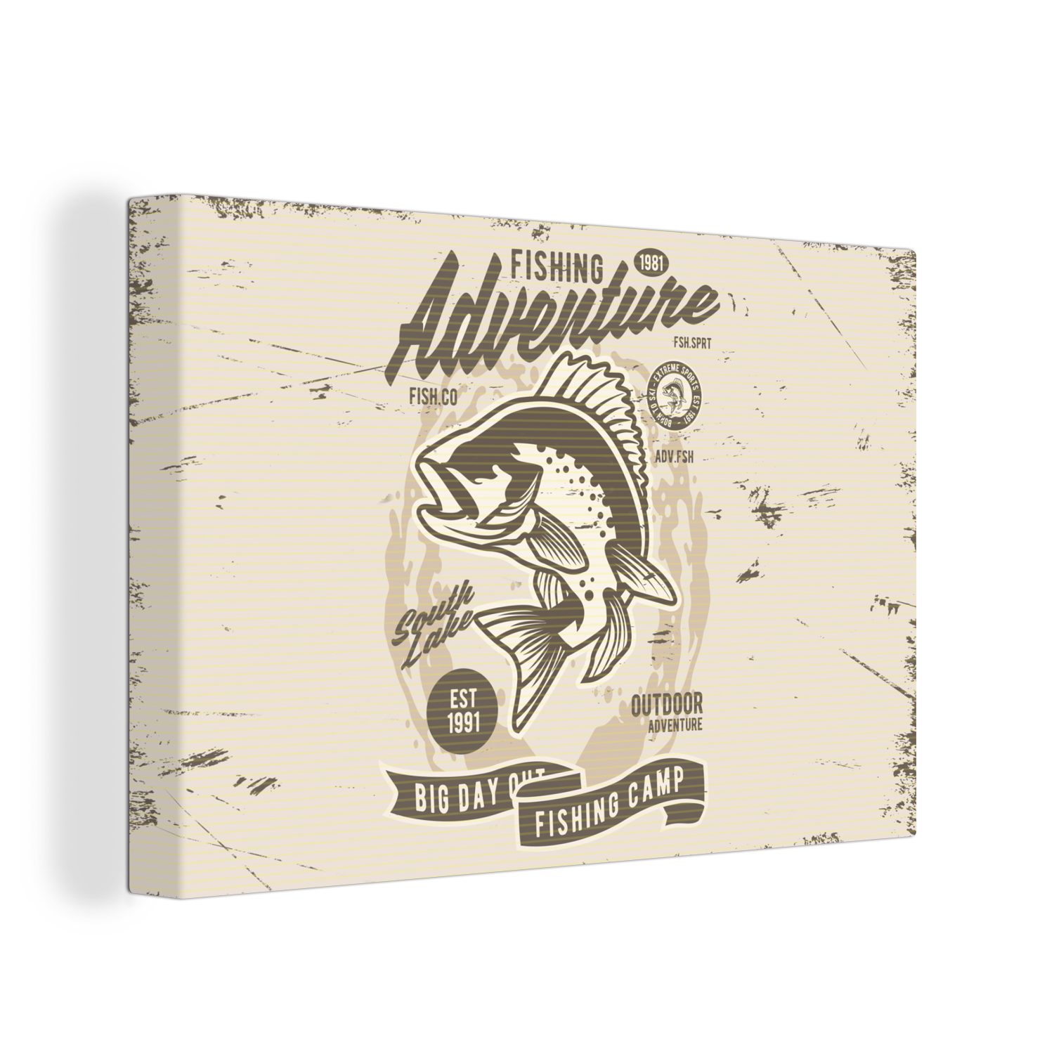 OneMillionCanvasses® Leinwandbild Fisch - Briefe Aufhängefertig, - St), Wanddeko, Zeichnung, cm 30x20 - Vintage (1 Wandbild Leinwandbilder