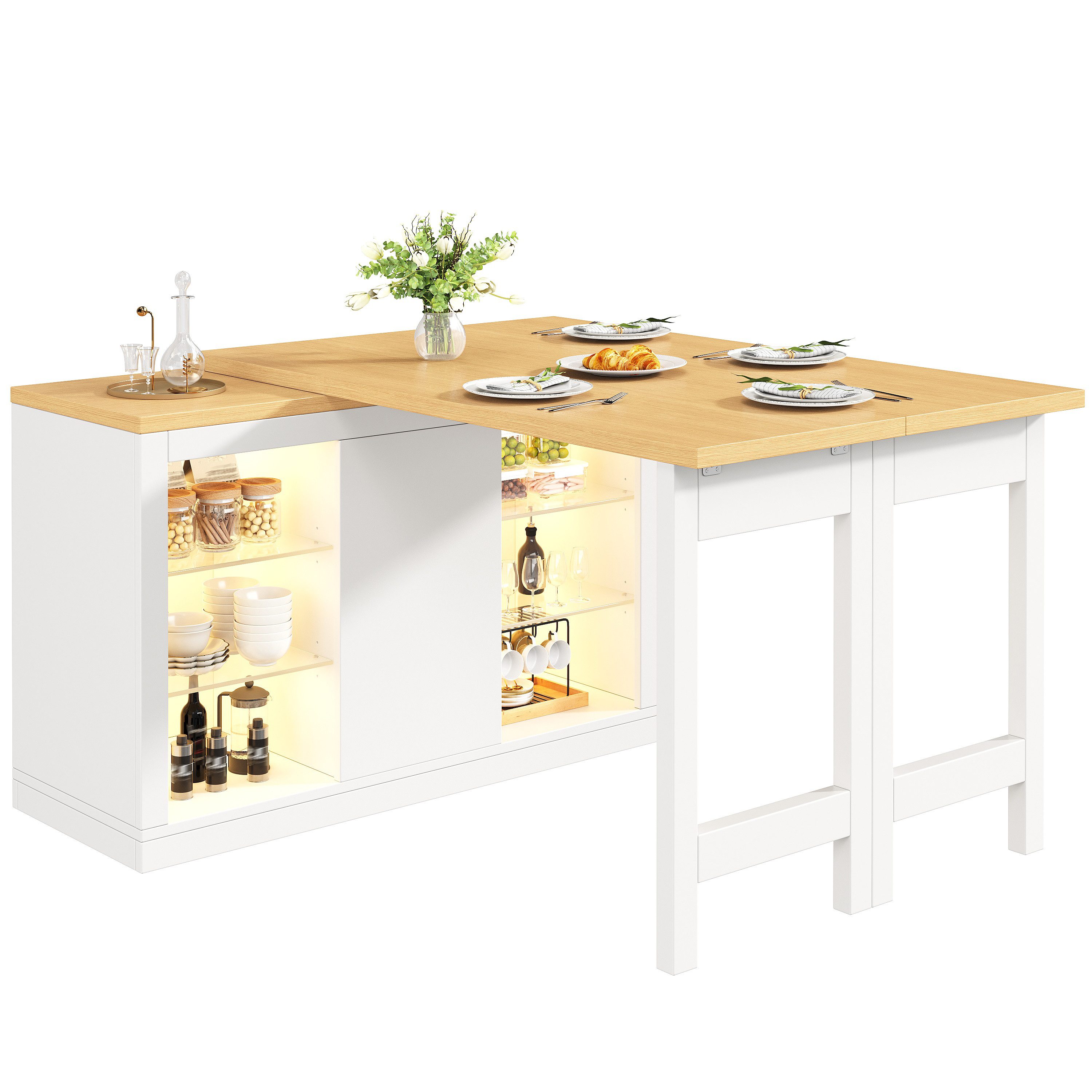 REDOM Bartisch Kücheninsel (mit App-steuerbarer RGB-LED, 360° drehbar, mit magnetischen Türen & Glas-Einlegeböden., 1-St., 120-197*40*72cm(L x B x H), mit Stauraum