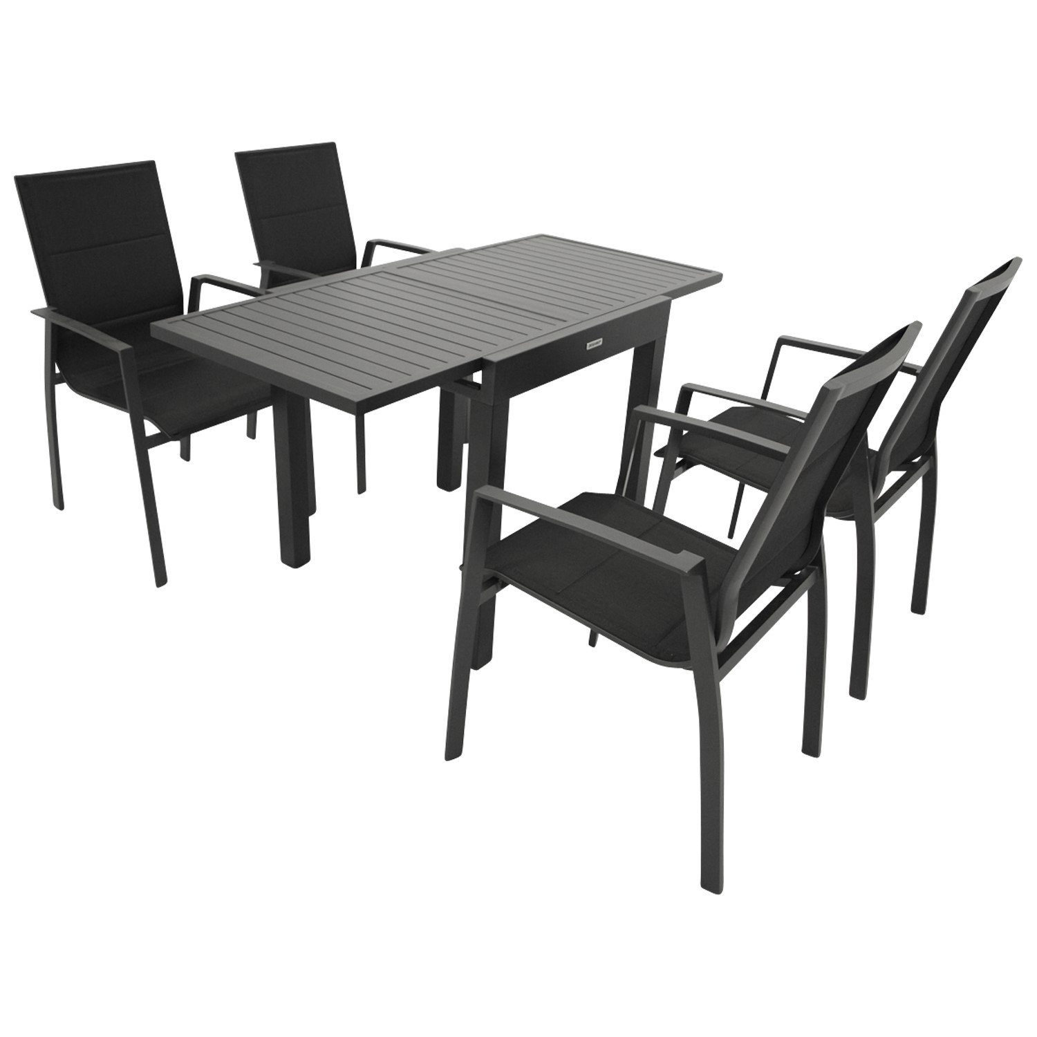 DEGAMO Garten-Essgruppe ALCUDIA 5-teilig, 4x Stapelsessel, 1x Ausziehtisch 70/140x70cm, Aluminium anthrazit