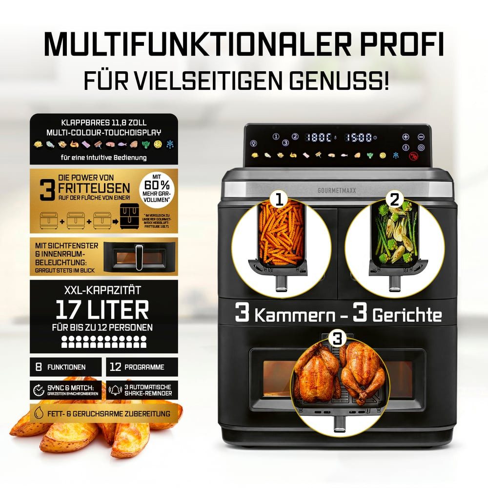 GOURMETmaxx Heißluftfritteuse GOURMETmaxx Heißluft-Fritteuse 3000W schwarz/ Edelstahl 17l 3 Frittierkammern mit Sichtfenster, 3000 W, Heissluftfritteuse LED-Klapp-Touchdisplay - Air Fryer mit Sichtfenster