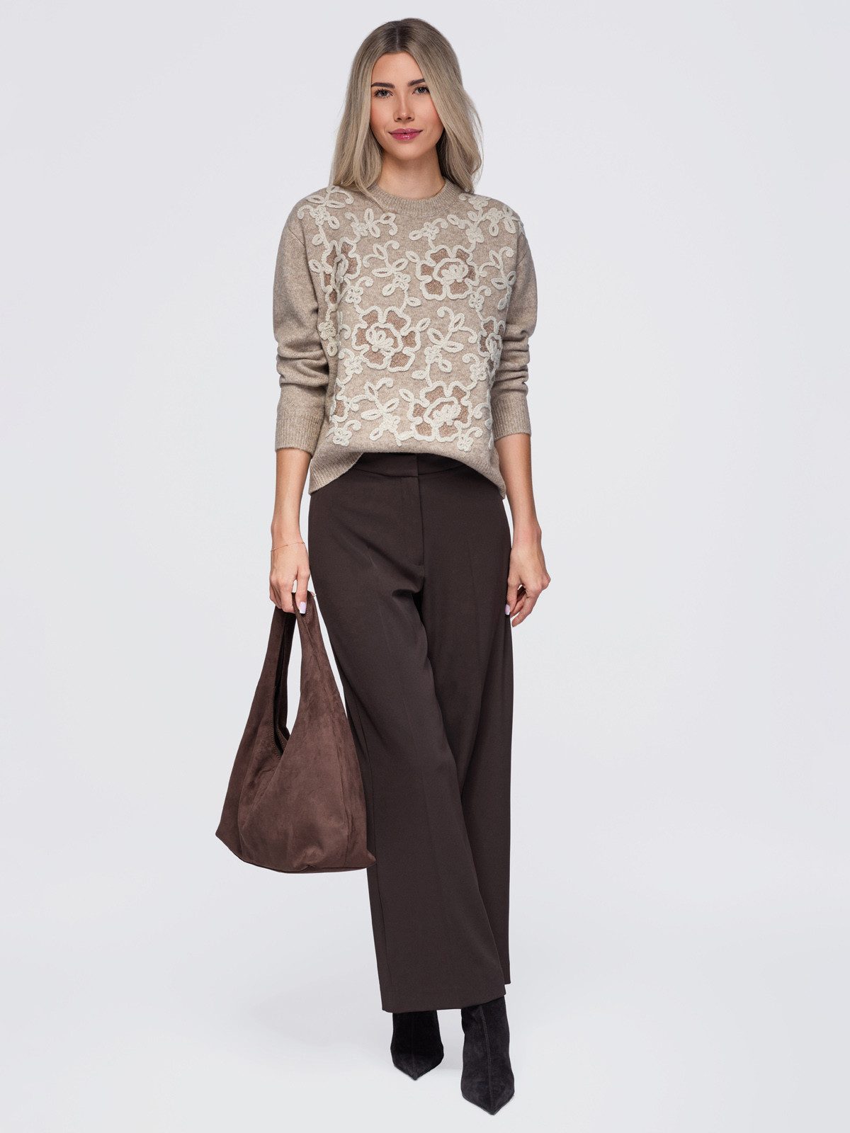 OMBRE Rundhalspullover Damen Rundhalspullover mit floraler Applikation Beige ONESIZE (kein Set, 1-tlg) mit Alloverdruck