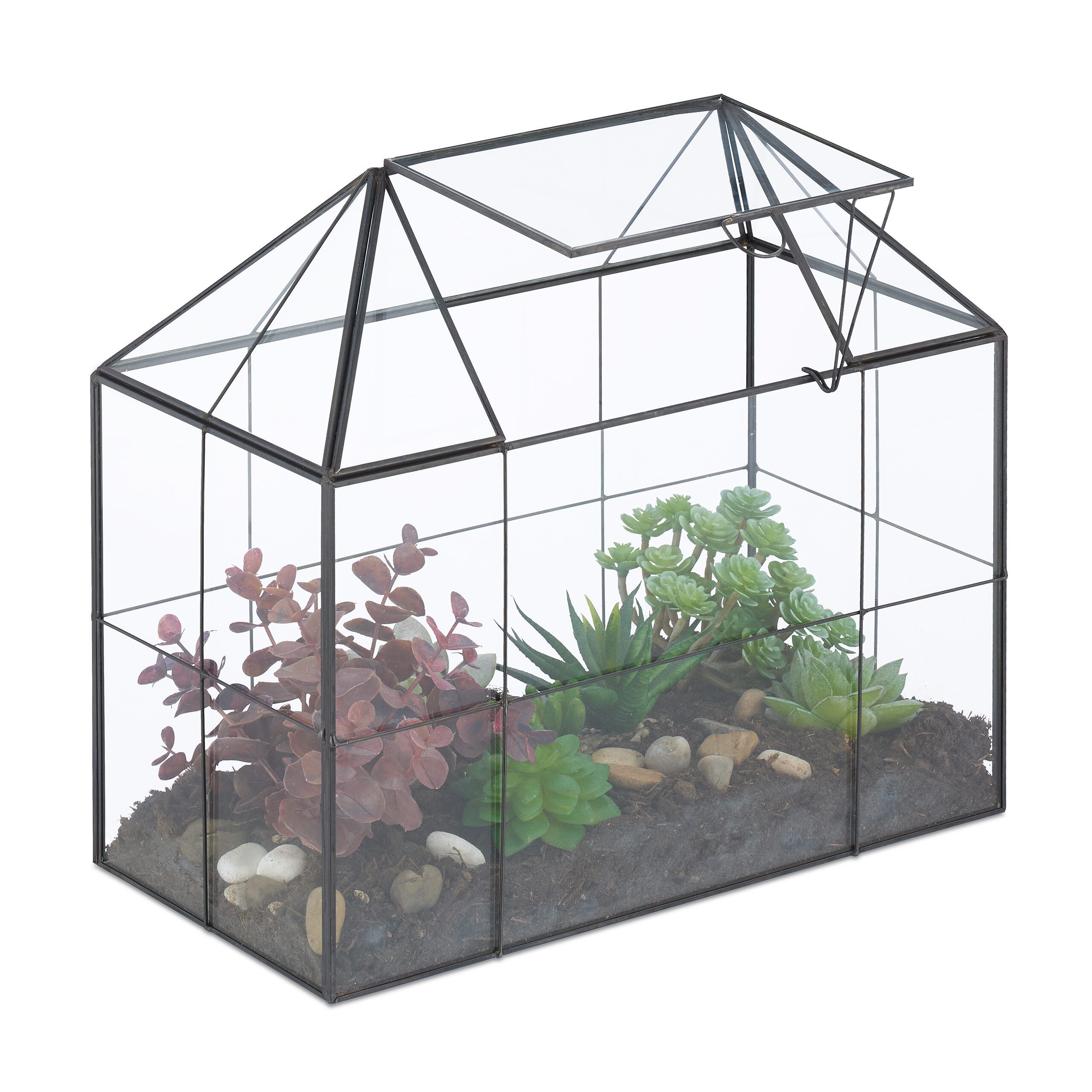 relaxdays Gewächshaus Großes Pflanzenterrarium Glas Hausform, BxTxH: 30 x 15 x 27 cm, BxLxH: 30 x 15 x 27 cm, 0.5 mm Wandstärke, 1-St., schwarz