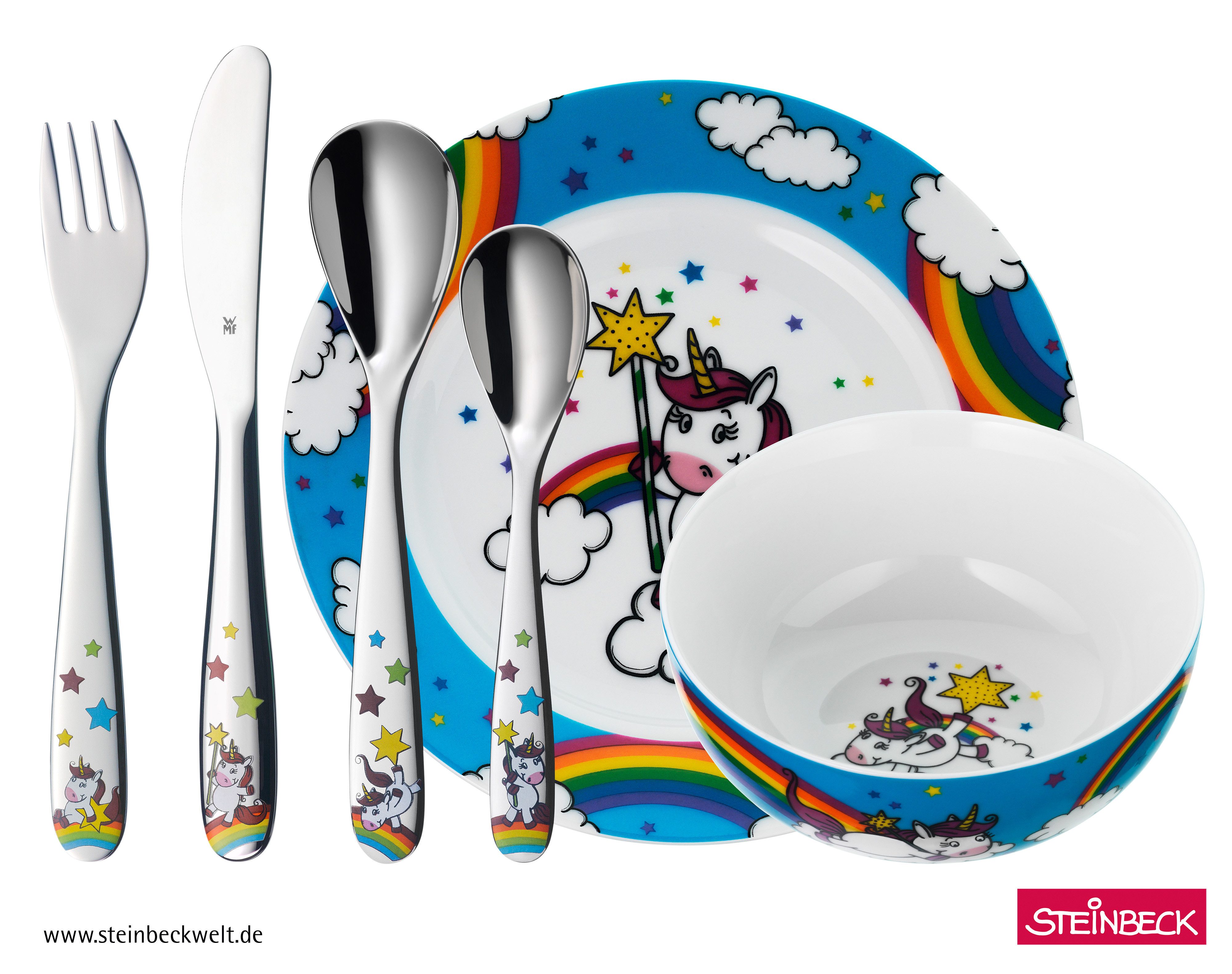 WMF Детская посуда-Set Einhorn (6-tlg), 1 Personen, Cromargan® Edelstahl Rostfrei 18/10, ab 3 Jahren, spülmaschinengeeignet, farb- und lebensmittelecht