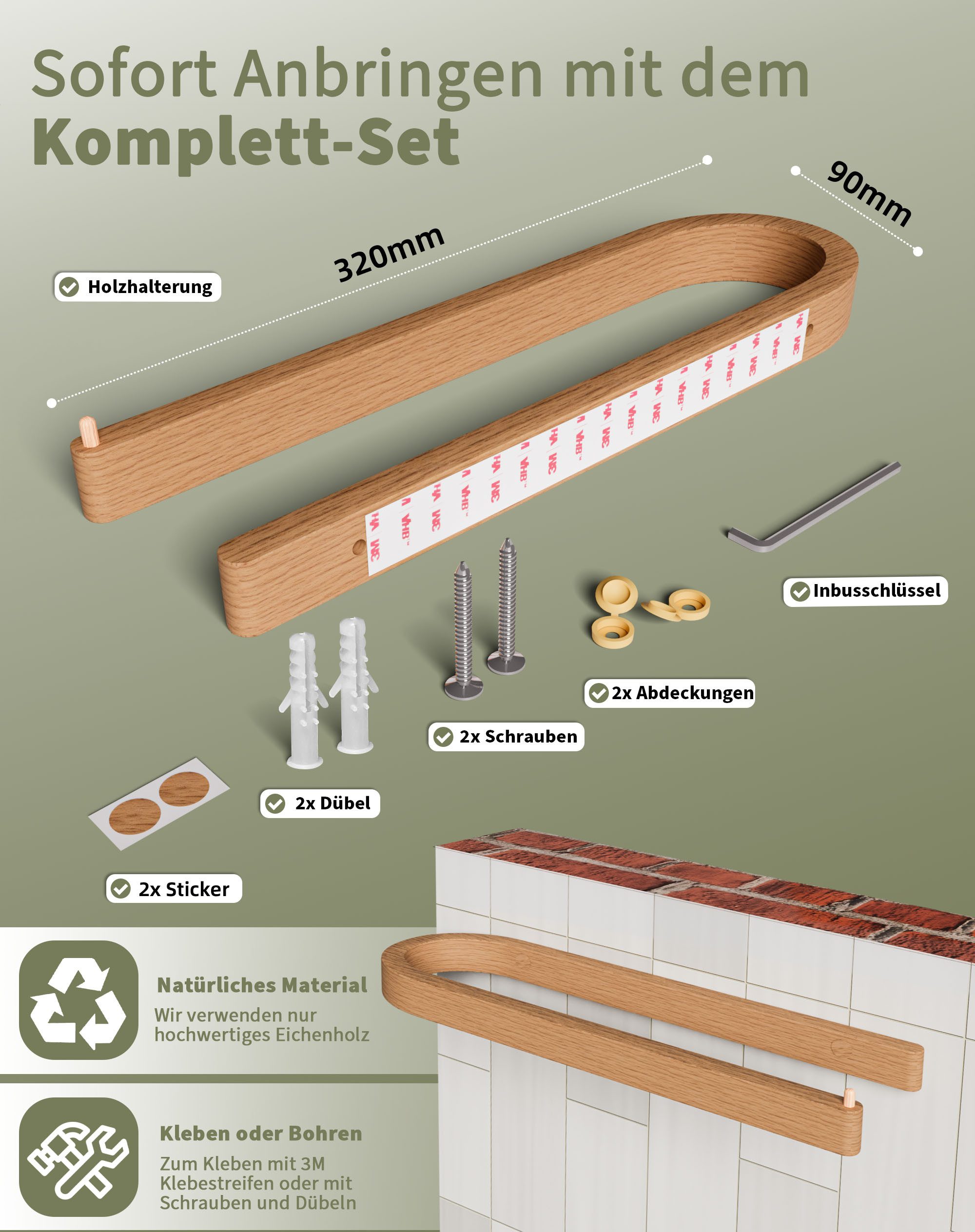 DEKAZIA Handtuchhalter aus massivem Eichenholz Kleben oder Bohren, selbstklebend, Handtuchleiste Wand Badezimmer WC, Design-Patent in Deutschland
