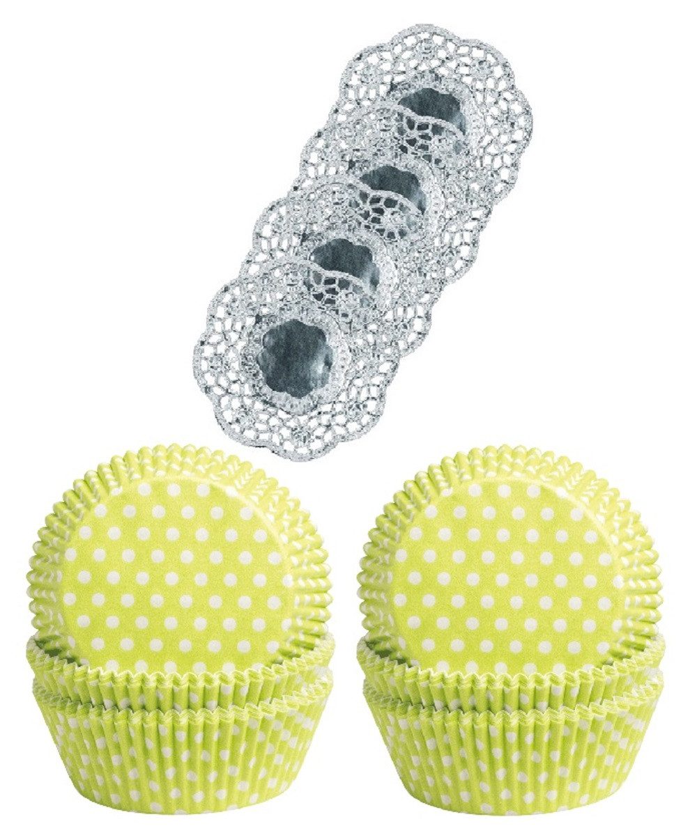 Demmler Muffinform 2er Set Punkte Weiß/Lemon - Inklusive 4 Tassendeckchen in Silber, zum Dekorieren, Verzieren und Backen von Muffins - Made in Germany