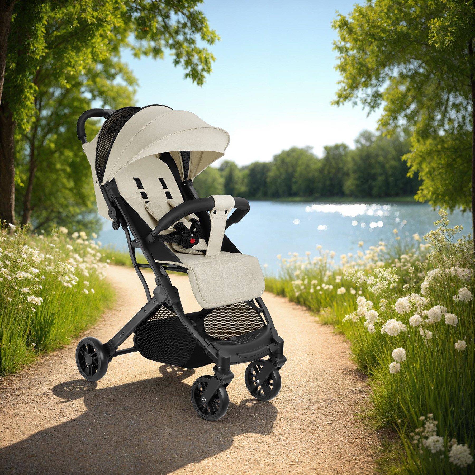 tectake Kombi-Kinderwagen Kinderwagen, 0–36 Monate, 15 kg belastbar, Einhand-Klappmechanismus, (Babywagen Finn), 5-Punkt-Gurt, Feststellbremse, Rücken- & Beinablage verstellbar