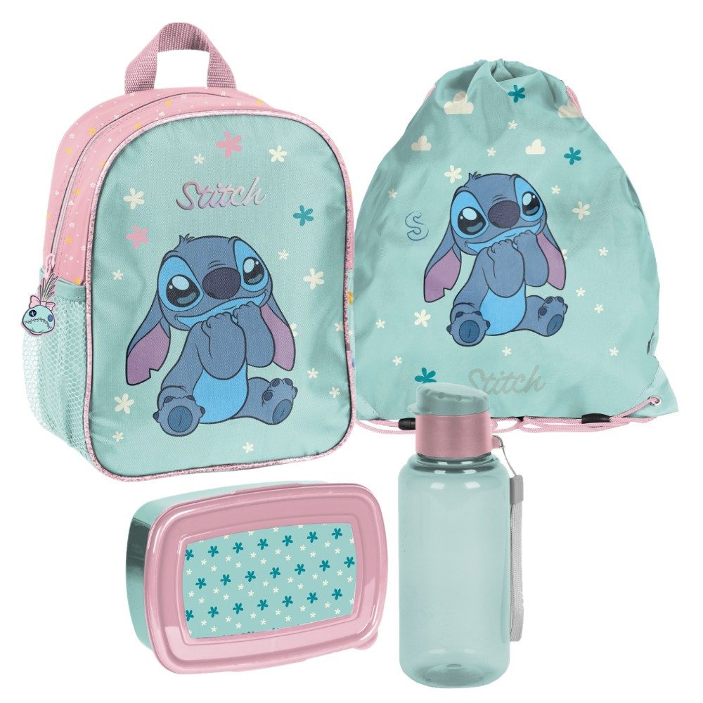 PASO Kindergartentasche Disney Stitch für Mädchen (Set, 4-tlg., inkl. Turnbeutel, Brotdose und Trinkflasche), Mädchen Rucksack Set in Türkis Rosa mit Disney Stitch