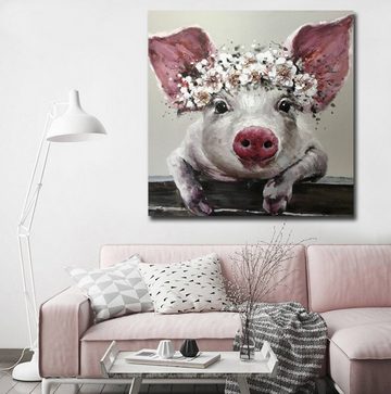 TPFLiving Kunstdruck (OHNE RAHMEN) Poster - Leinwand - Wandbild, Nettes Schwein mit Blumen auf dem Kopf (Verschiedene Größen), Farben: Leinwand bunt - Größe: 60x60cm