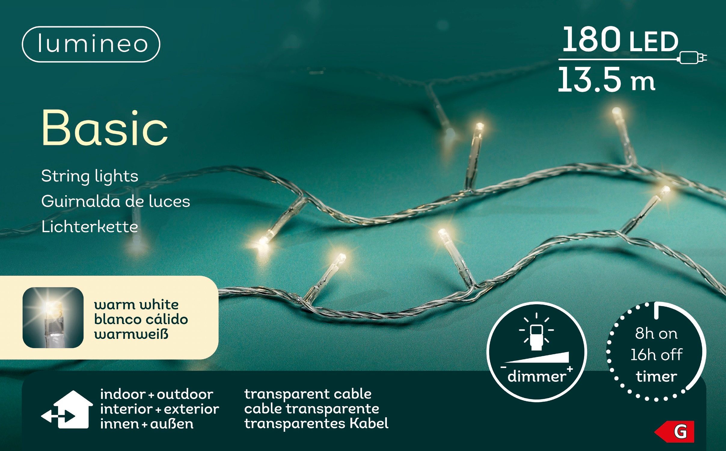 Lumineo LED-Lichterkette Lumineo Lichterkette BASIC 180 LED 13,5 m warm weiß, transp. Kabel, Indoor/Outdoor, dimmbar, 8h-Timer, + 5 m Zuleitung