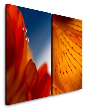 Sinus Art Leinwandbild 2 Bilder je 60x90cm Blüten rote Blume Wassertropfen Orange Warm Sommer Makrofotografie