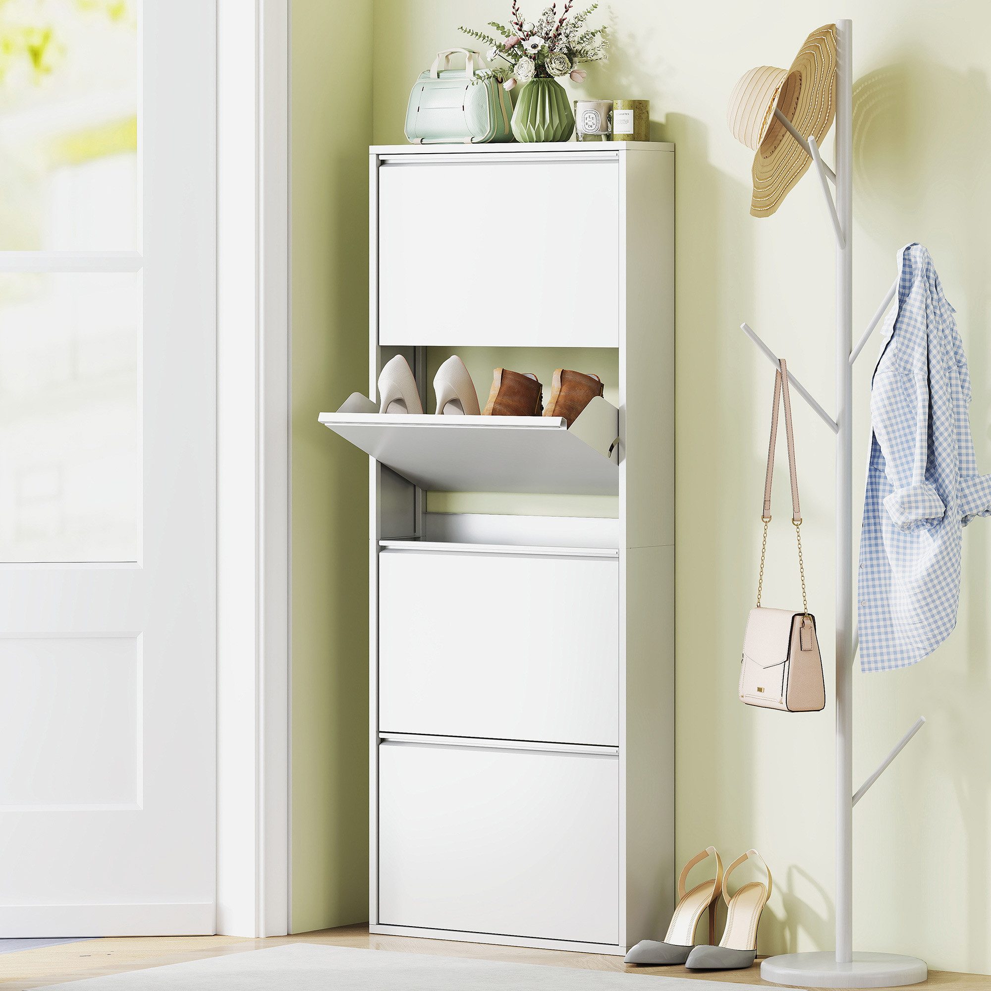 HOMCOM Schuhschrank mit 4 Klappen Schuhkipper Schmal für 8 Paar Schuhe Schu günstig online kaufen