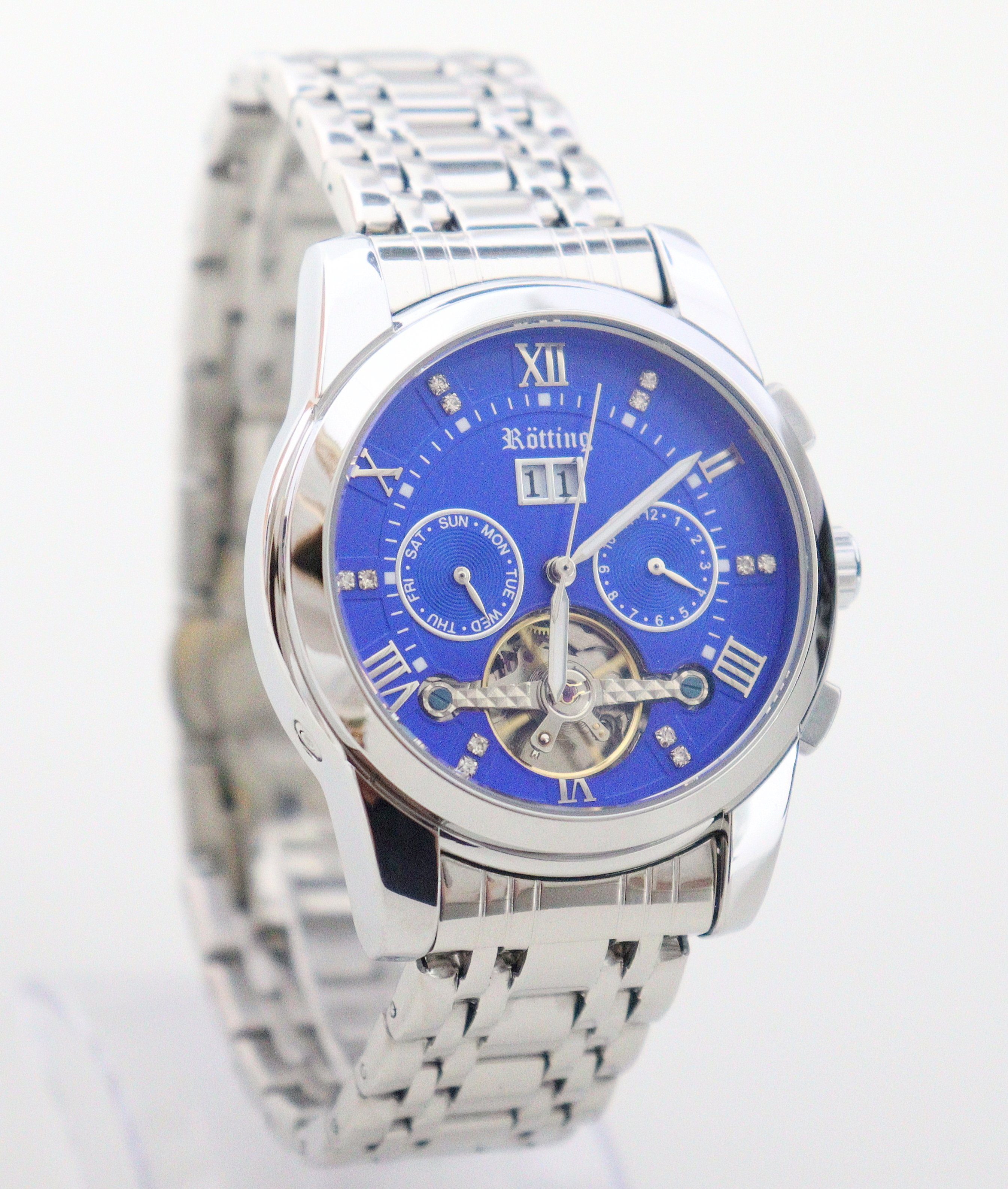 Rötting Design Automatikuhr Herrenuhr blaues Ziffernblatt DATUM Umfang 18 bis 24 cm wählbar, Automatik Armbanduhr