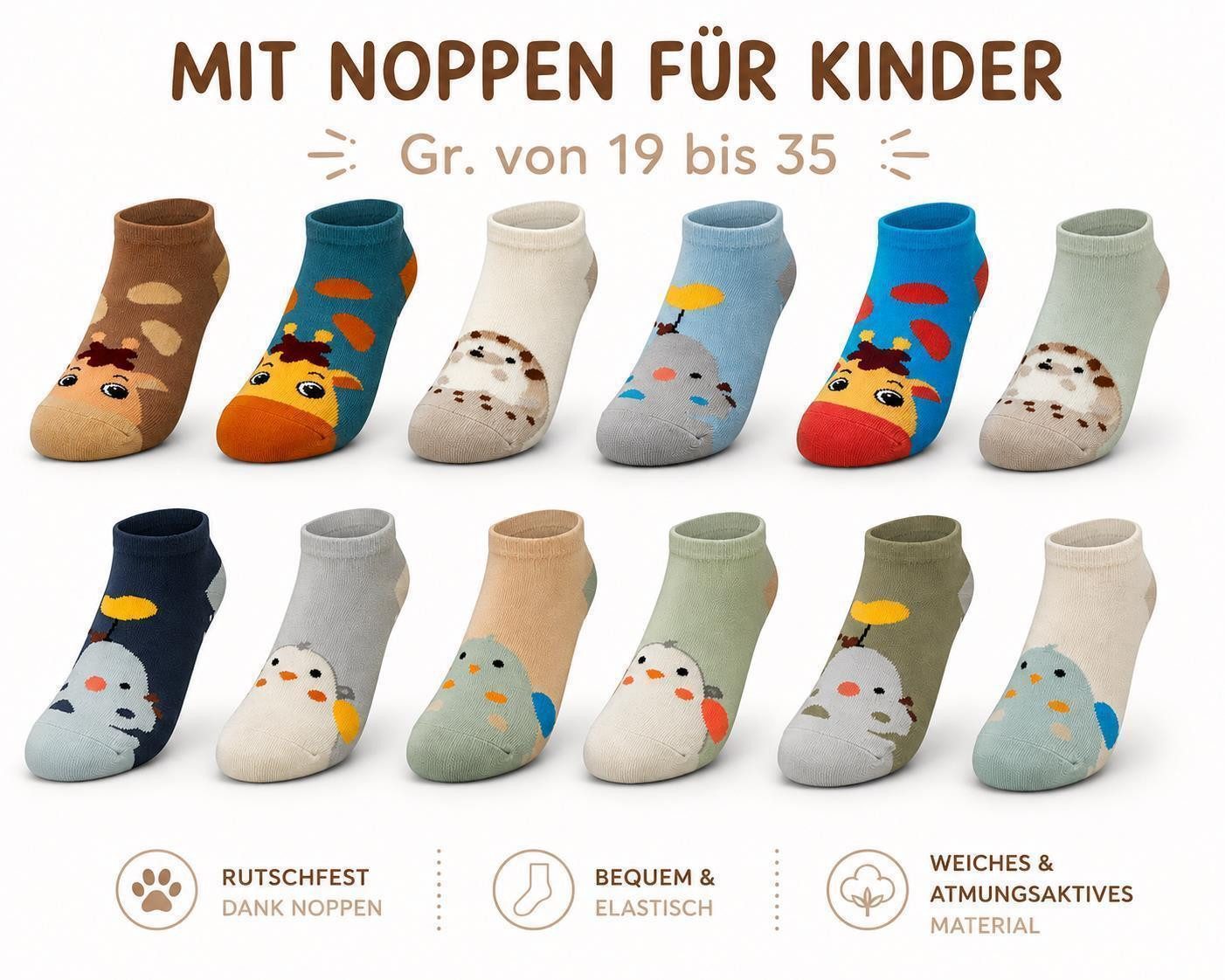 EloModa Sneakersocken Kinder Sneaker Socken 12 Paar Antirutsch ABS Noppen Baumwolle, (12-Paar) 12 Paar Kinder Sneaker Socken mit ABS Antirutsch-Noppen