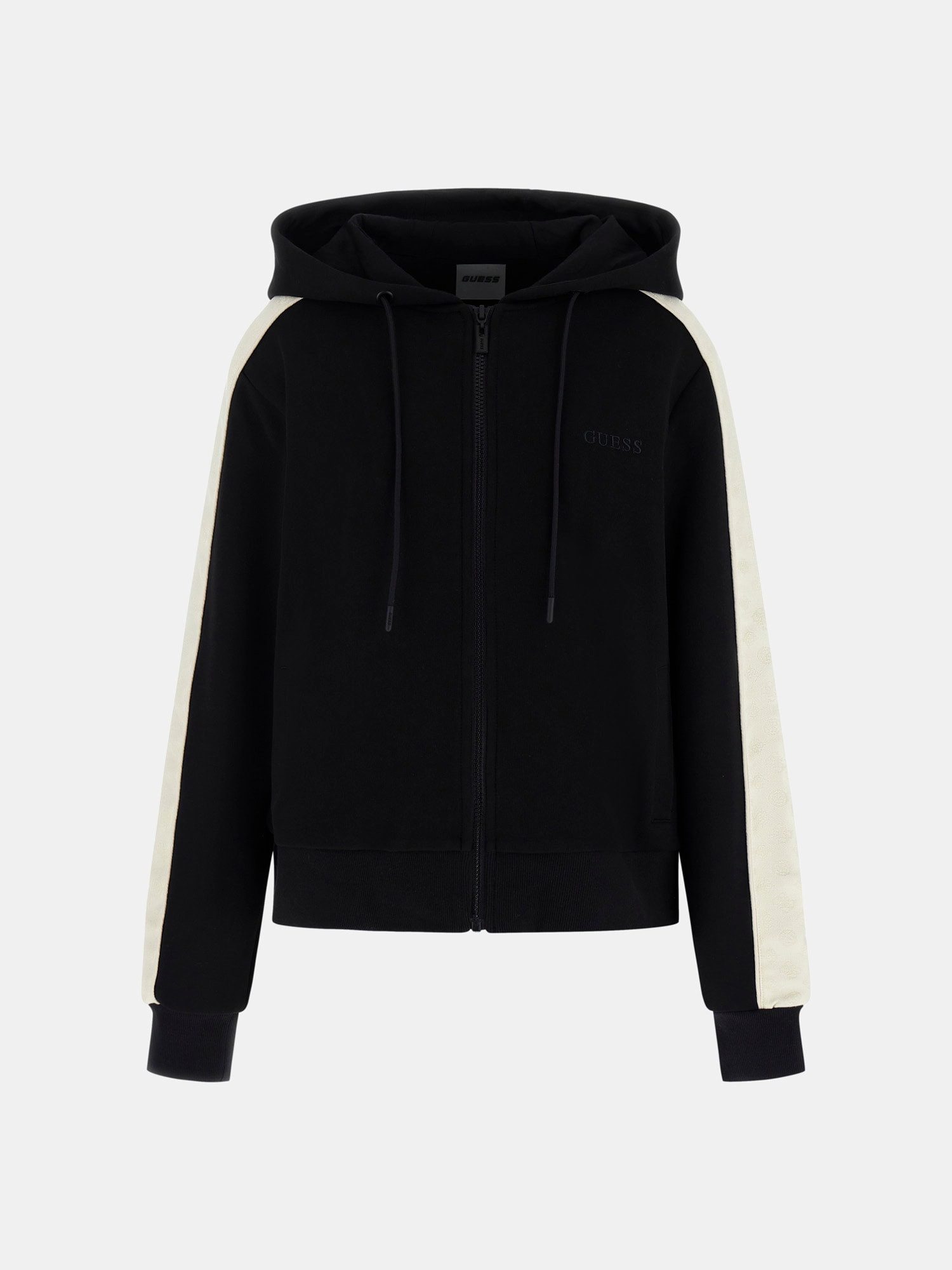 Guess Sweatjacke – Kapuzenjacke mit Reißverschluss und Logostreifen – Lässi Kordelzug in Kapuze