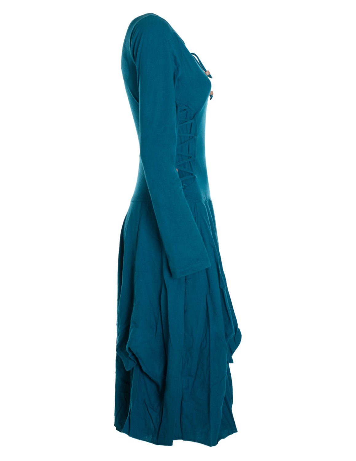 Vishes Midikleid Langes Langarm Bio Ballonkleid einfarbig mit Schnürung V-Ausschnitt Hippie, Elfen, Festag, Style