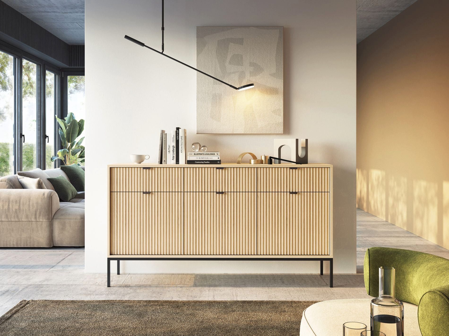 Selsey Sideboard VELLORE, 154 cm, 3 Türen & 3 Schubladen, geriffelte MDF-Fronten, Metallgestell