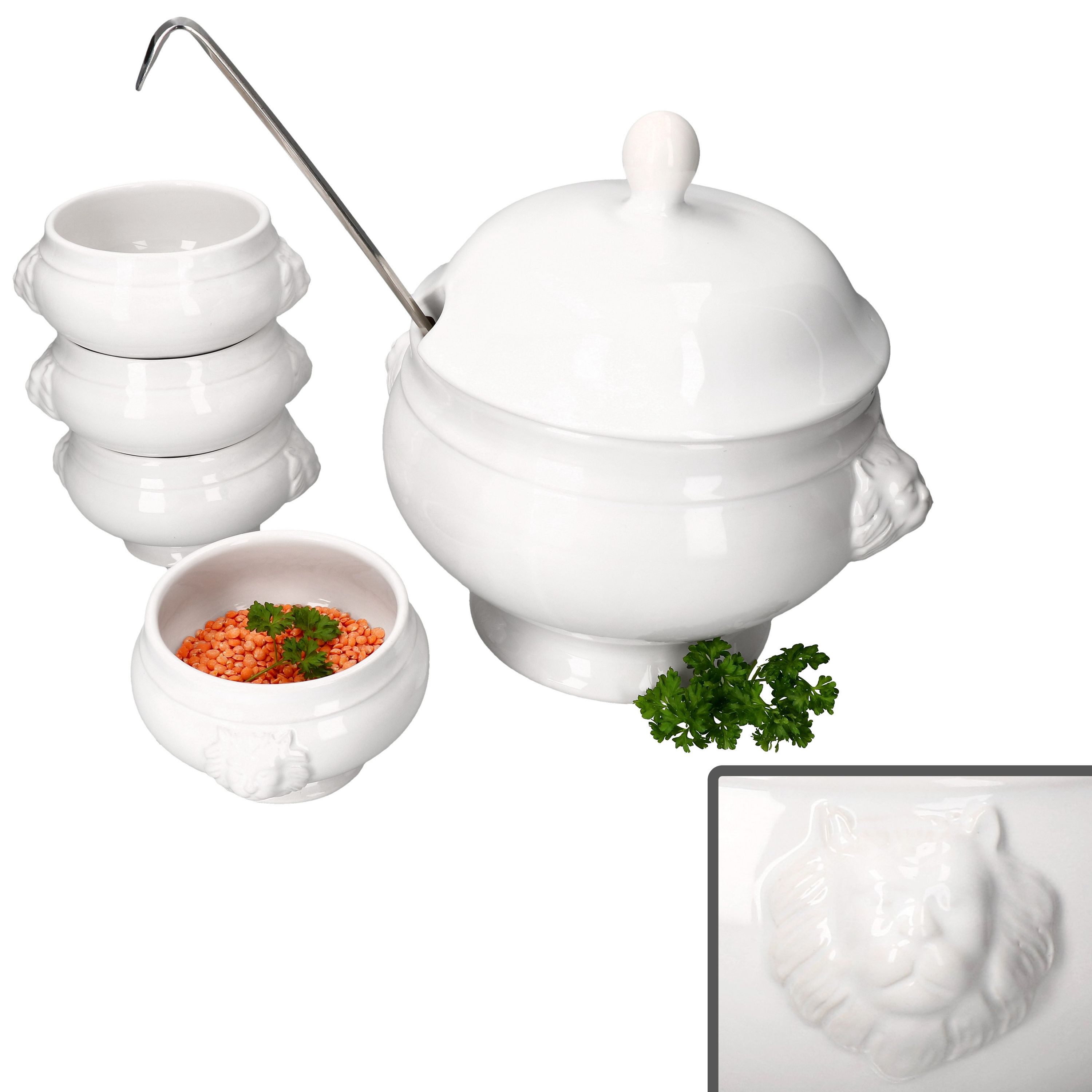 MamboCat Suppenschüssel 5tlg Set LEO Löwenkopf-Terrine mit & ohne Deckel 2L 0,25L weiß, Steingut