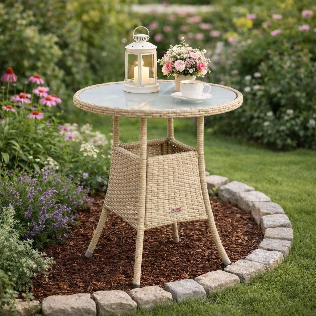 ESTEXO Gartentisch Beistelltisch Tisch Polyrattan Rattan Balkontisch Rund Beige