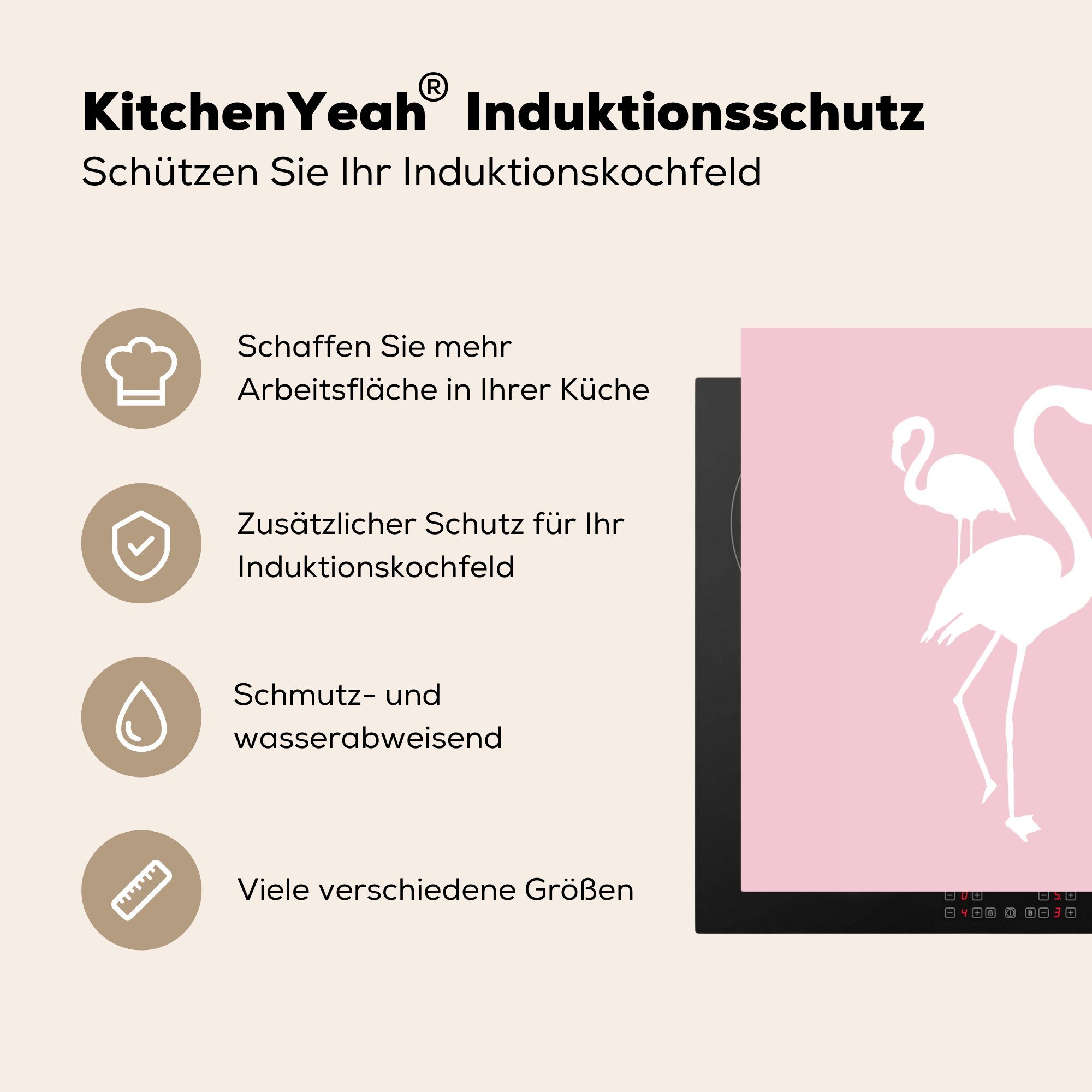 Illustration, - MuchoWow - (1 Ceranfeldabdeckung, tlg), Vinyl, 78x78 für cm, Herdblende-/Abdeckplatte Weiß Arbeitsplatte Flamingo küche
