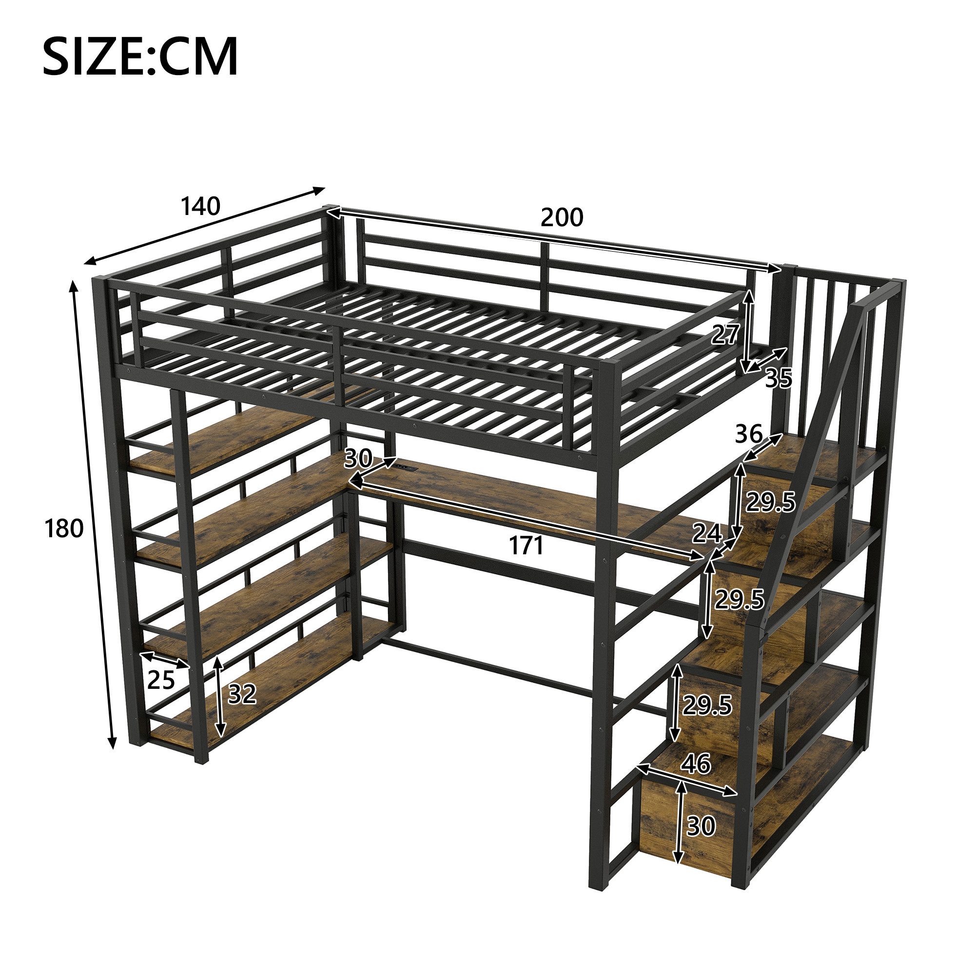 Flieks Loft Bed LED Metal Bed 140x200cm with Storage Staircase, Desk and Charging