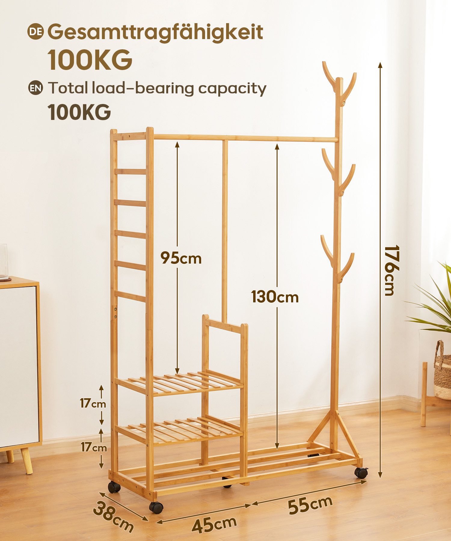 Yorbay Kleiderständer Garderobenständer aus Bambus, (mit Rollen, mit Kleiderstange, 3 Ablagen und 6 Kleiderhaken), Kleiderständer 100 x 38 x 176 cm für Flur, Wohnzimmer, Schlafzimmer