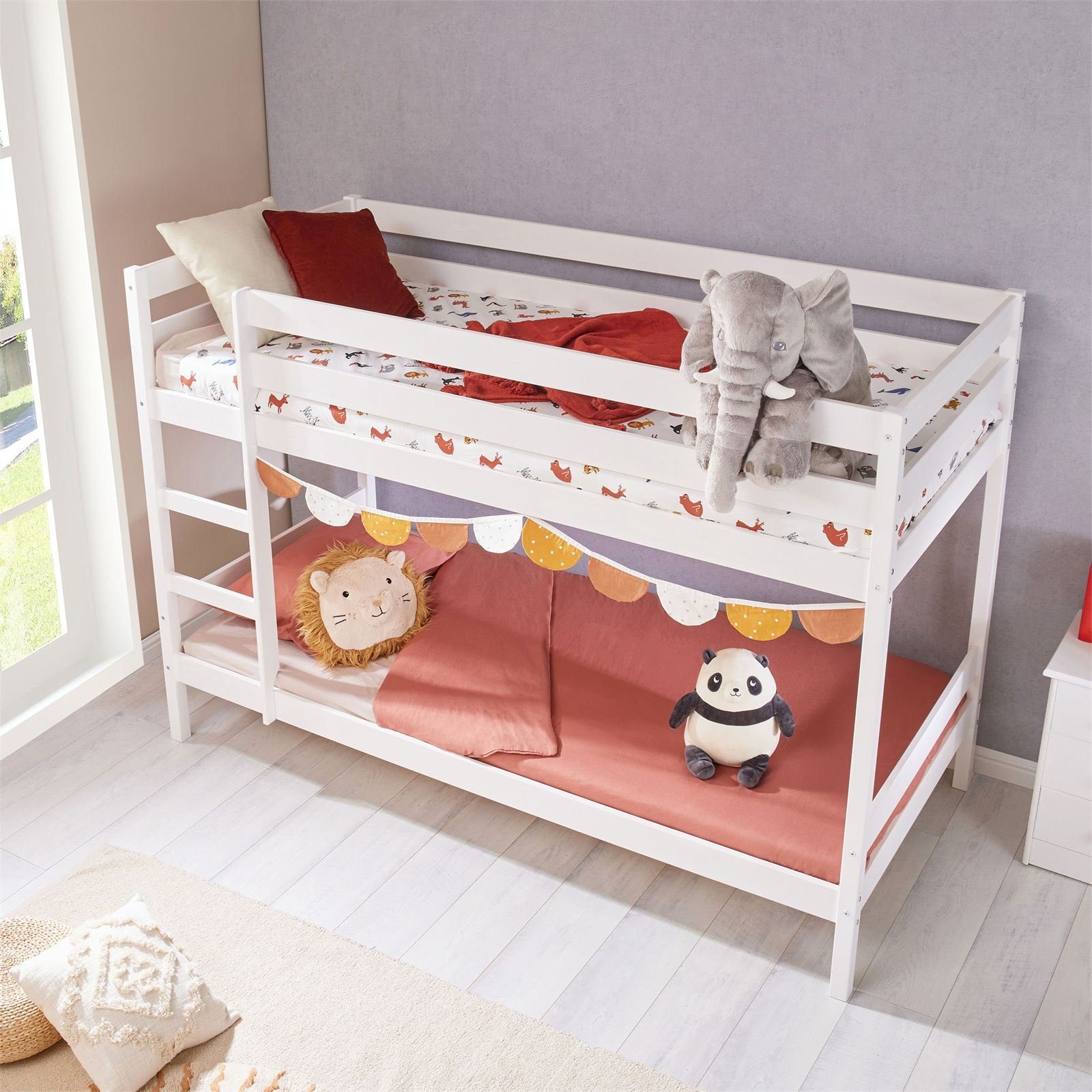 IDIMEX Bett massiv Etagenbett w Kinder Hochbett weiß Kiefer 90x200 Etagenbett FELIX, Doppelstockbett