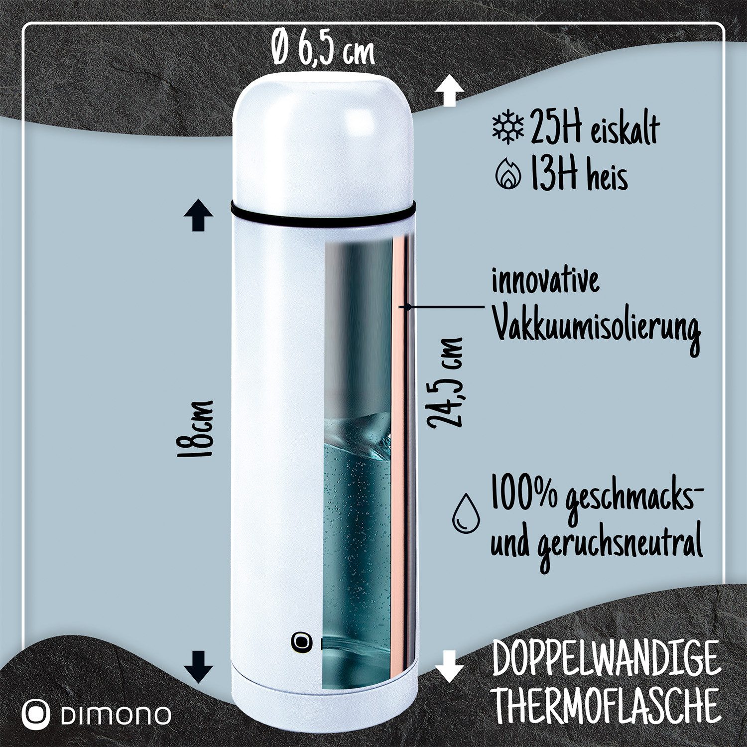 Goods+Gadgets Thermoflasche Edelstahl-Isolierflasche 500/1000ml – Thermosflasche mit Druckknopf, doppelwandiger Thermobecher Isolierkanne
