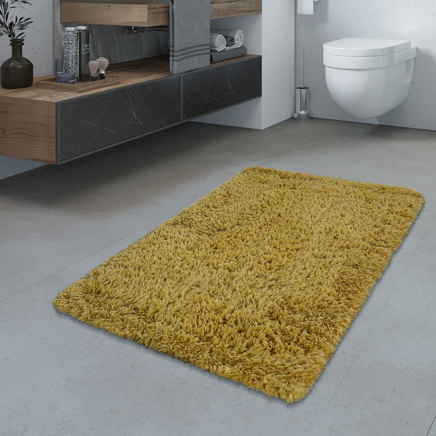 Fußmatte Badezimmer Teppich Hochflor Badematte Modern Kuschelig Weich Uni  Gelb, TT Home, rechteckig, Höhe: 44 mm