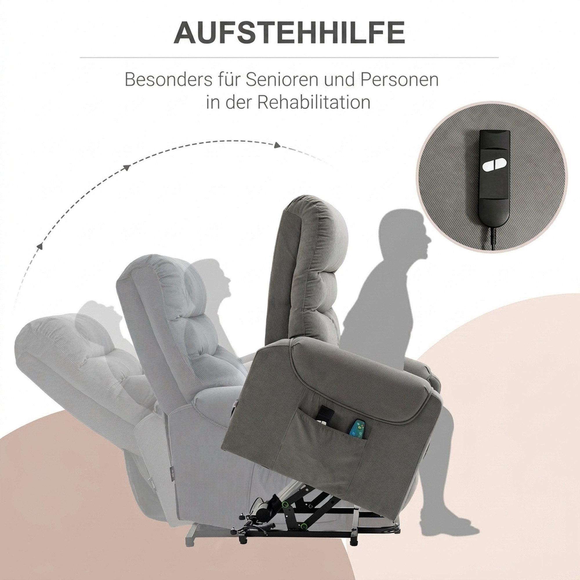 HOMCOM Massagesessel Fernsehsessel mit Aufstehhilfe, Massagesessel mit Liegefunktion (Aufstehsessel, 1-St., Massagesessel), Massagesessel mit Aufstehhilfe, Dunk – Bild 4 von 5