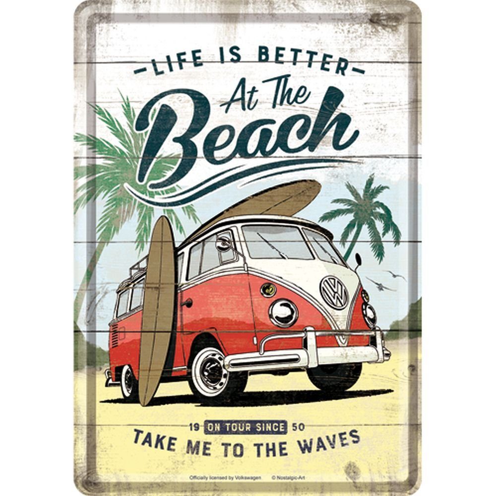Metallschild Blechpostkarte - Volkswagen - VW Bulli Beach