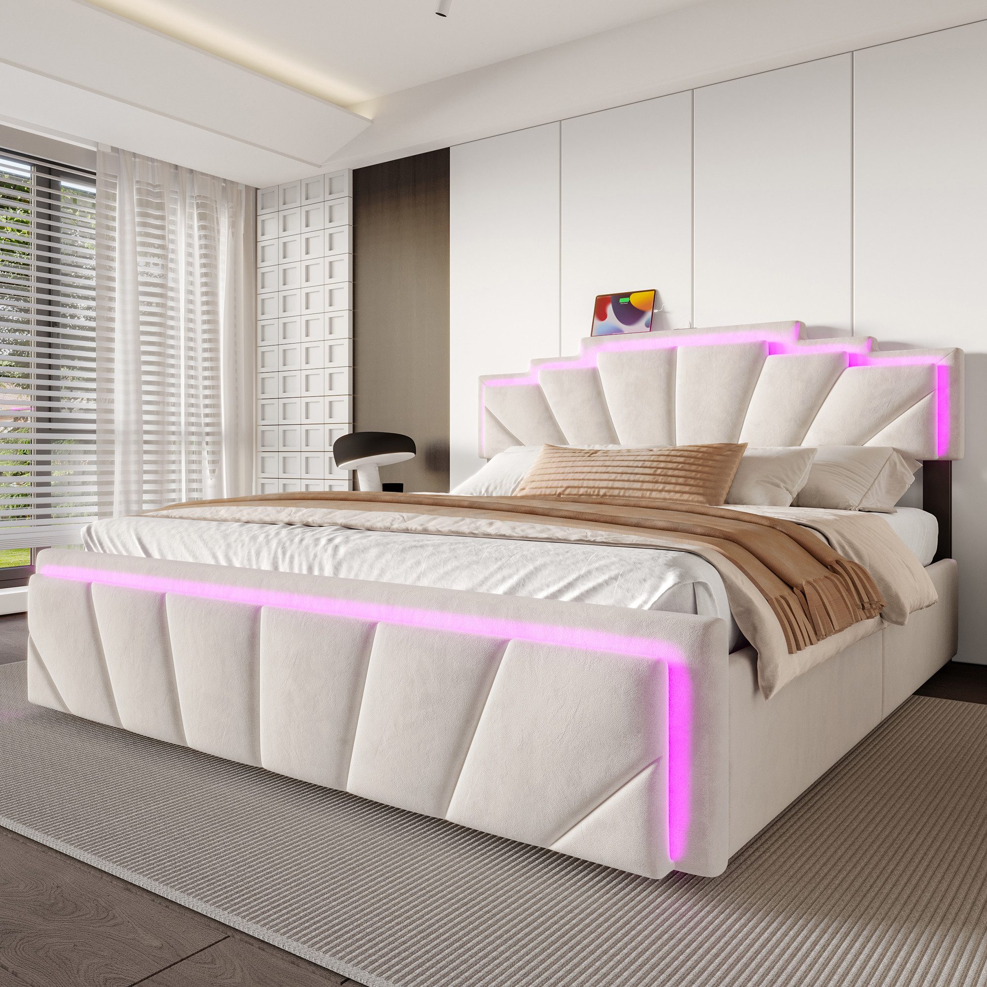 Celya Polsterbett Doppelbett mit einzigartigem trapezförmigem Kopfteil (USB Type-C Anschluss, 2 geräumige Schubladen, Ohne Matratze, integrierter LED-Lichtleiste & 2-facher Höhenverstellung), Modernes Polsterbett 140x200CM Elegantes Design