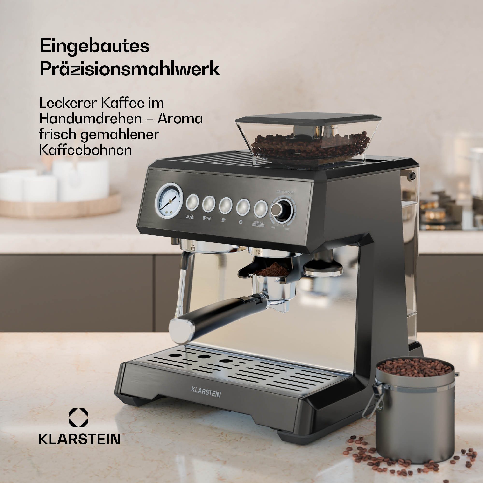 Klarstein Espressomaschine, 2.3l Kaffeekanne, Edelstahl-Siebträger, Elektrisch 20 Bar Espressomaschine Kaffemaschine Touch