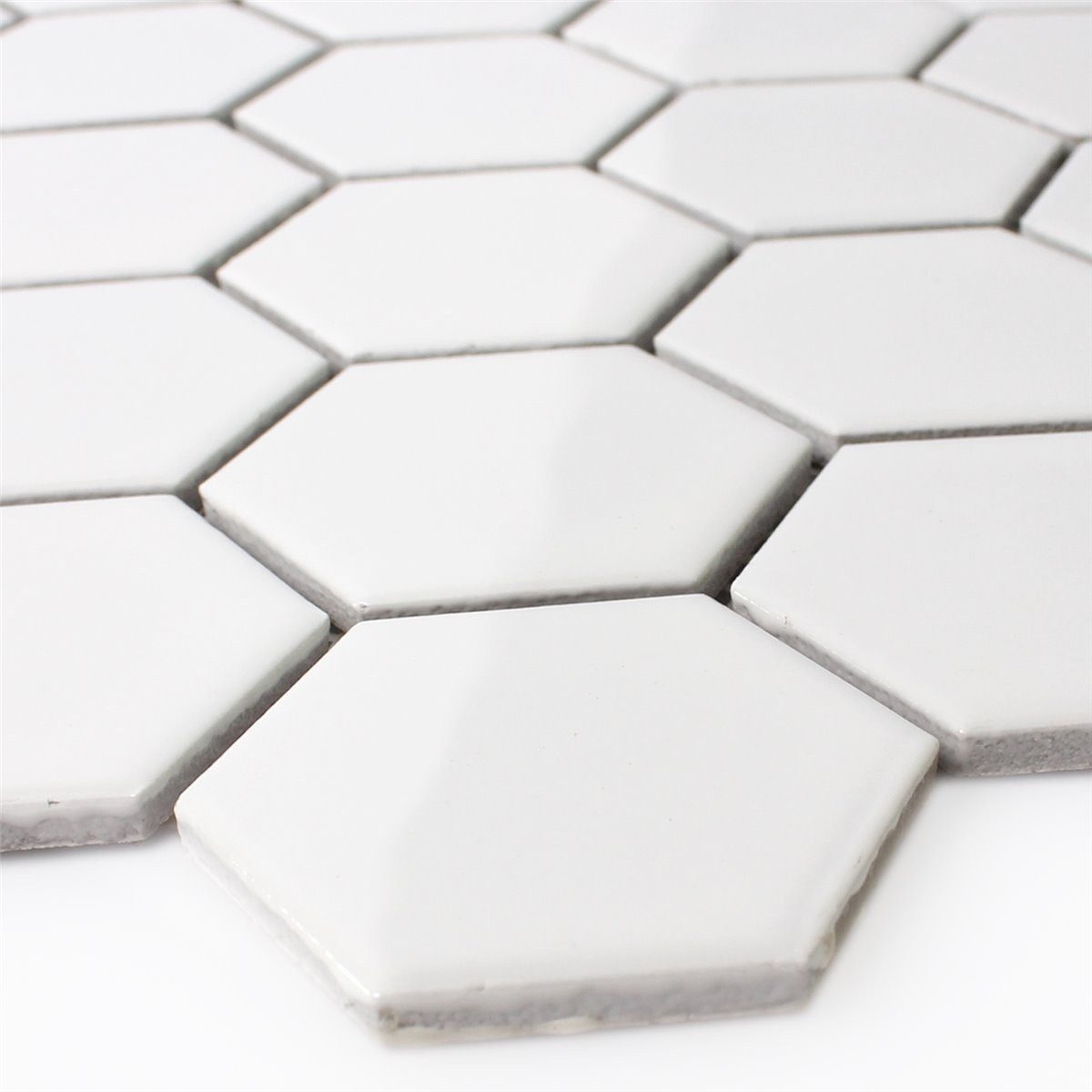 Mosafil Mosaikfliesen Keramik Mosaikfliesen Hexagon Salamanca Schwarz Weiß Glänzend H51, Keramik 32.500x28.100, weiß, Verlegefertig auf ein Netz geklebt - Frostsicher - Wasserfest