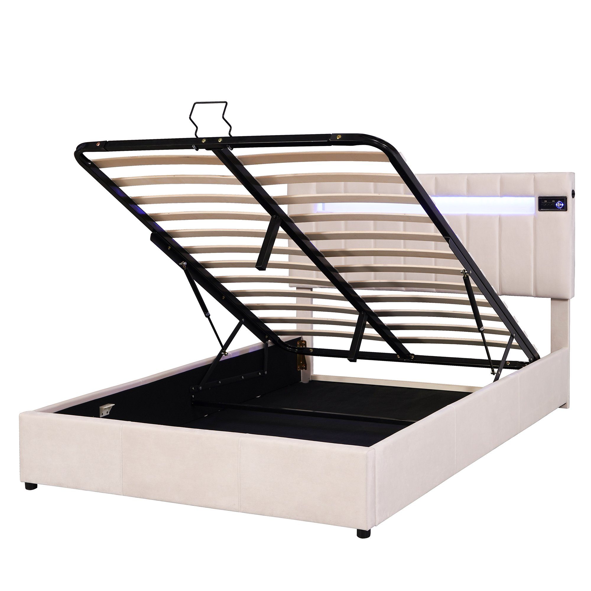 Polsterbett (140x200 cm Doppelbett, mit LED Beleuchtung, Bluetooth-Player und USB-Aufladung), hydraulisches Bett Funktionsbett inkl. Bettkasten und Lattenrost, Samt