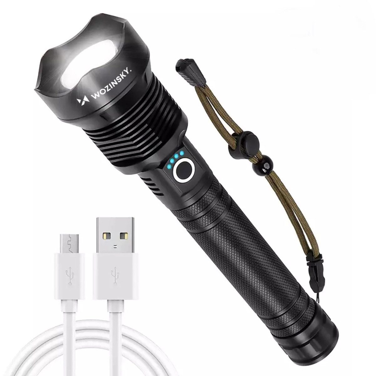 Wozinsky LED Taschenlampe WLT-20W (Taschenlampen-Set mit Akkus und Ladekabel), 2000 lm, variabler Fokus, 3 Lichtmodi und 2 Akkus